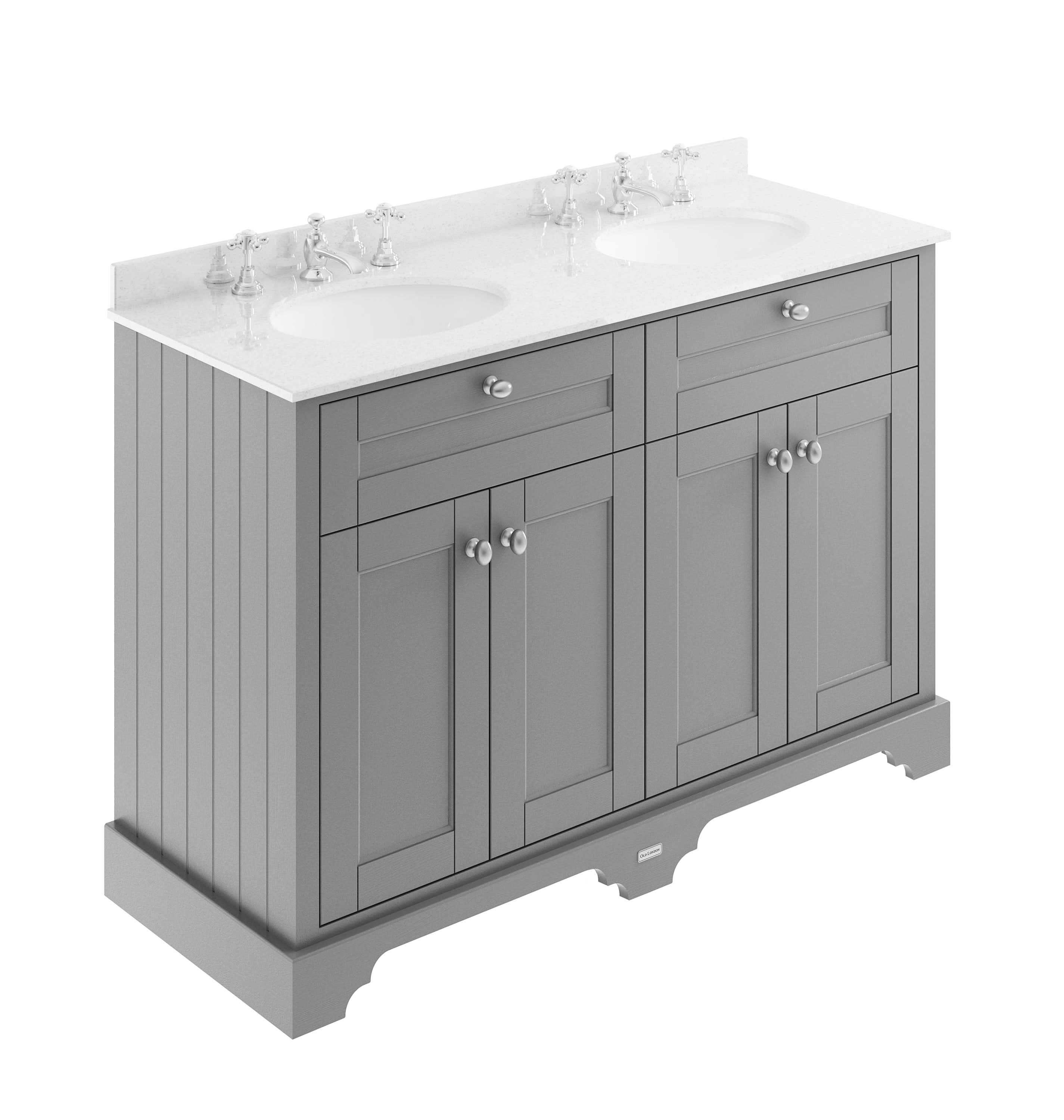 Old London Floor Standing Vanity Unit with 4 Doors & 3 Tap Hole Double White Marble Basin, Vanity Unit with Basin for Traditional Bathroom Storage in Storm Grey, 1200mm