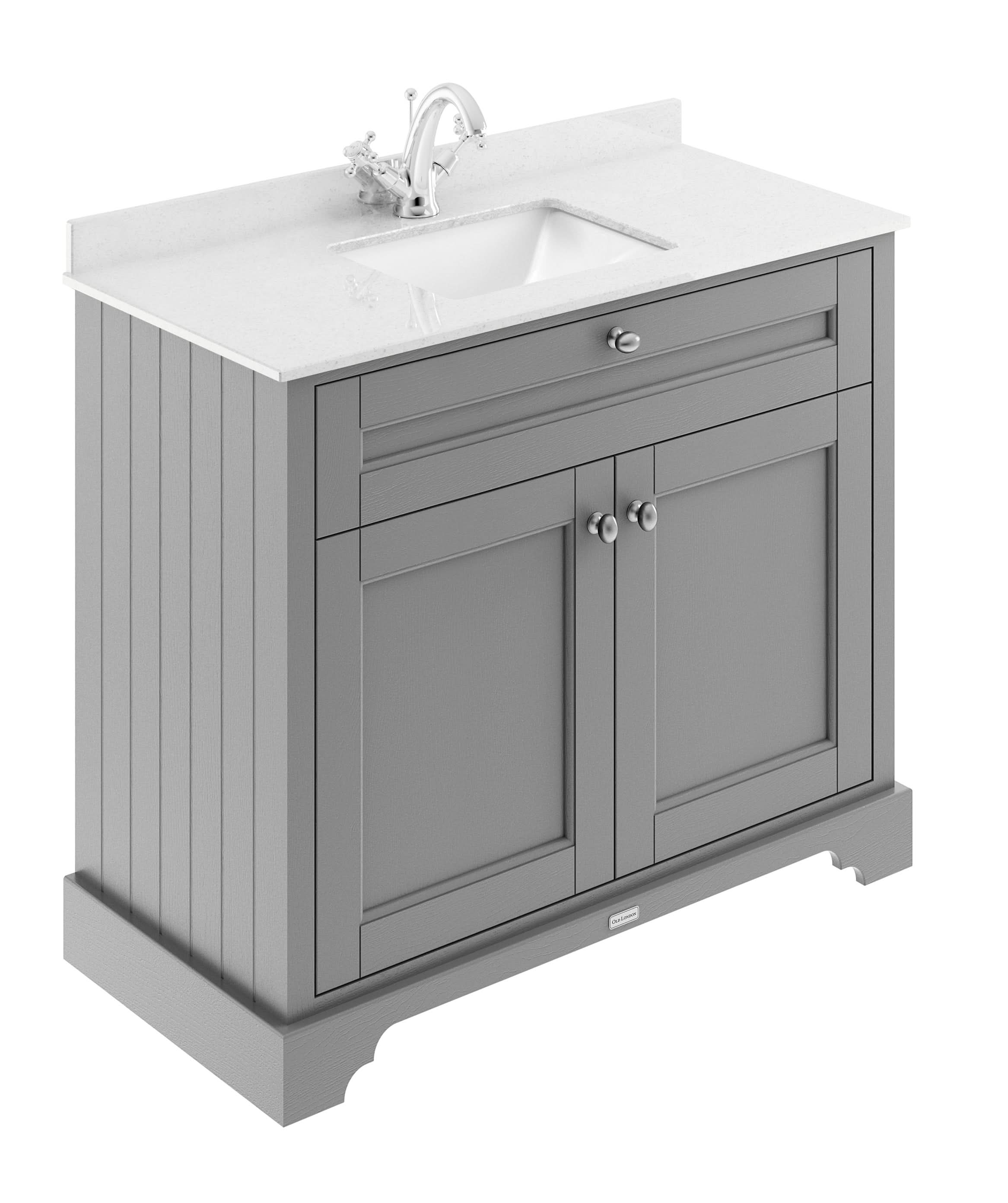 Old London Floor Standing Vanity Unit with Square White Marble Basin with 2 Doors, 1 Tap Hole, Traditional Bathroom Sink Vanity Unit with Storage in Storm Grey, 1000mm