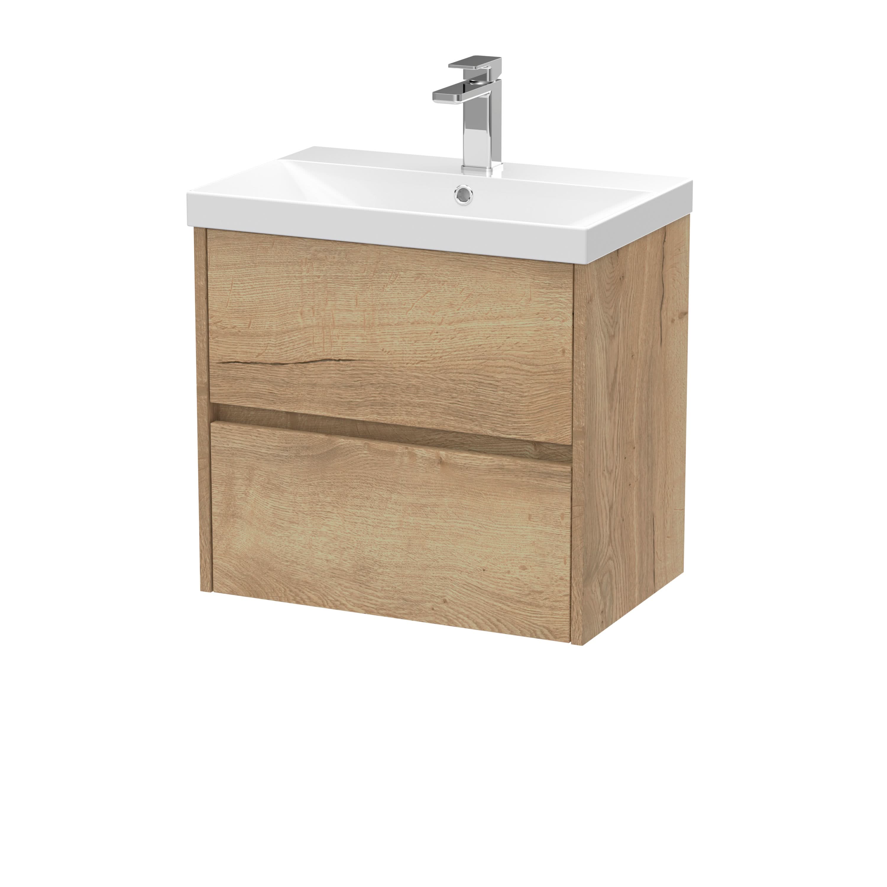 Nuie Havana Wall Hung 2 Drawer Vanity Basin Unit & Thin-Edge Ceramic Basin, Modern Sink Vanity Unit in Autumn Oak with White Basin, 600mm