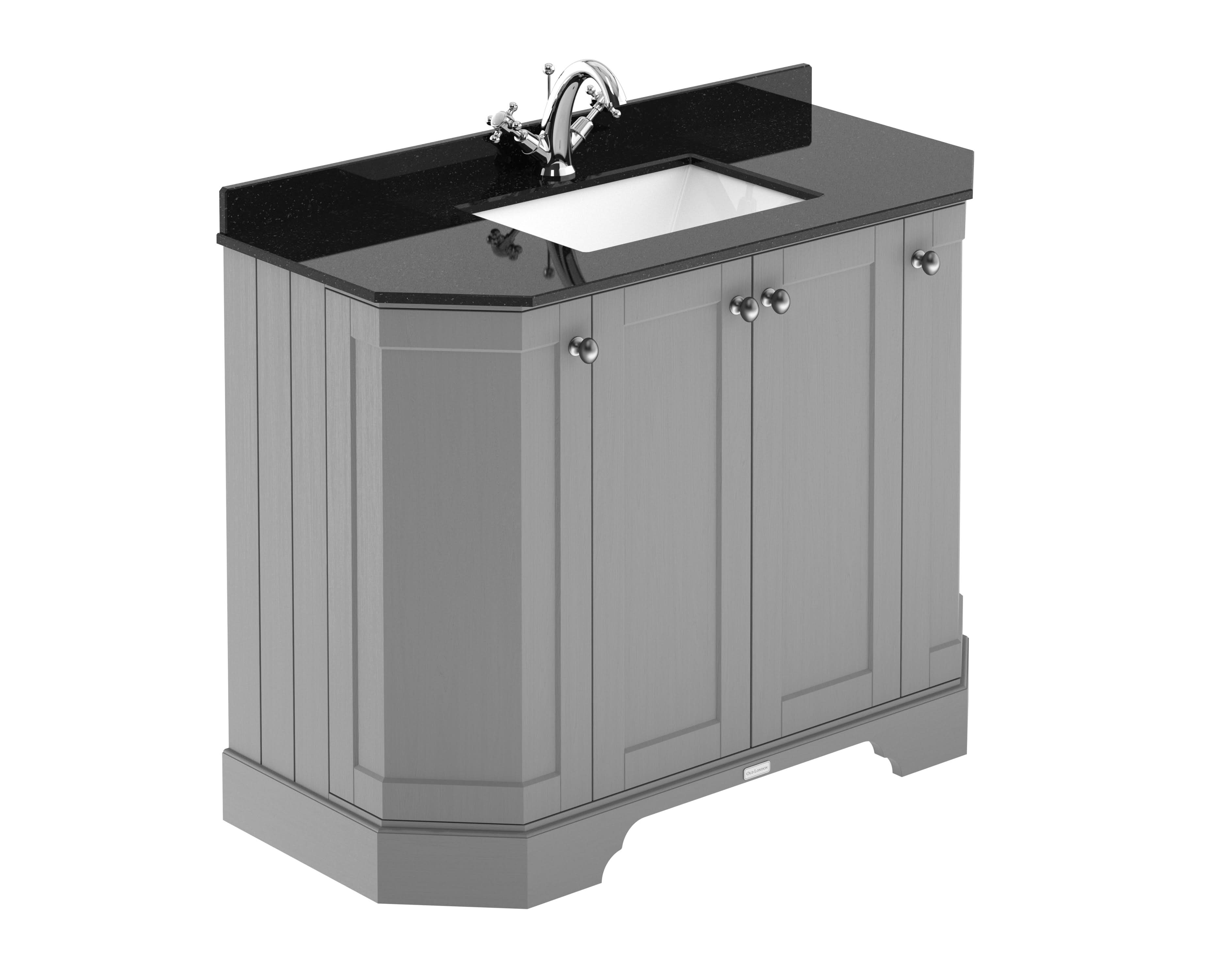 Old London Floor Standing 4 Door Angled Vanity Unit with 1 Tap Hole Black Marble Top, Traditional Sink Vanity Unit with Basin for Bathroom Storage in Storm Grey, 1000mm