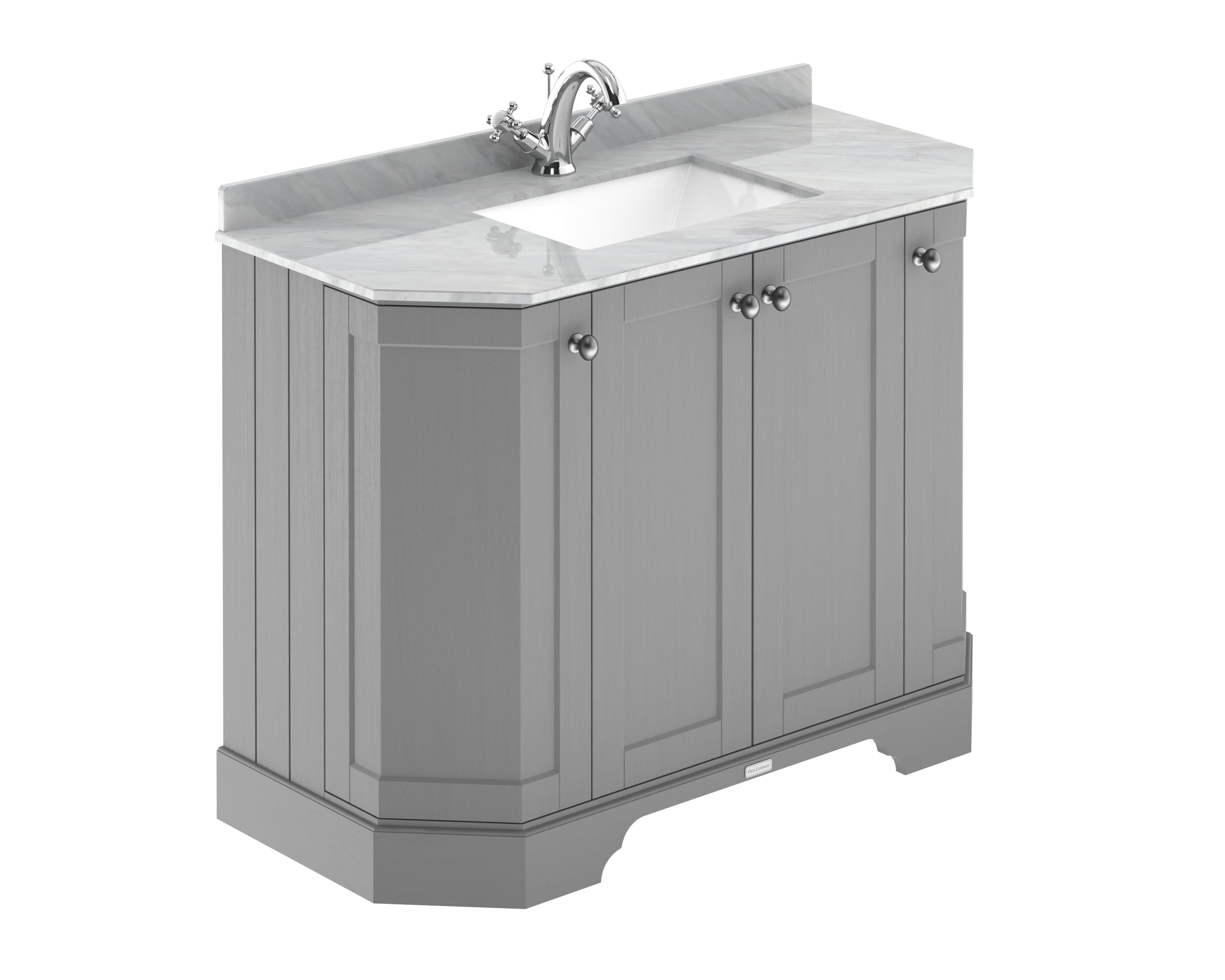 Old London Floor Standing 4 Door Angled Vanity Unit with Grey Marble Top with Soft Close Doors, Traditional Bathroom Vanity Units in Storm Grey, 1000mm