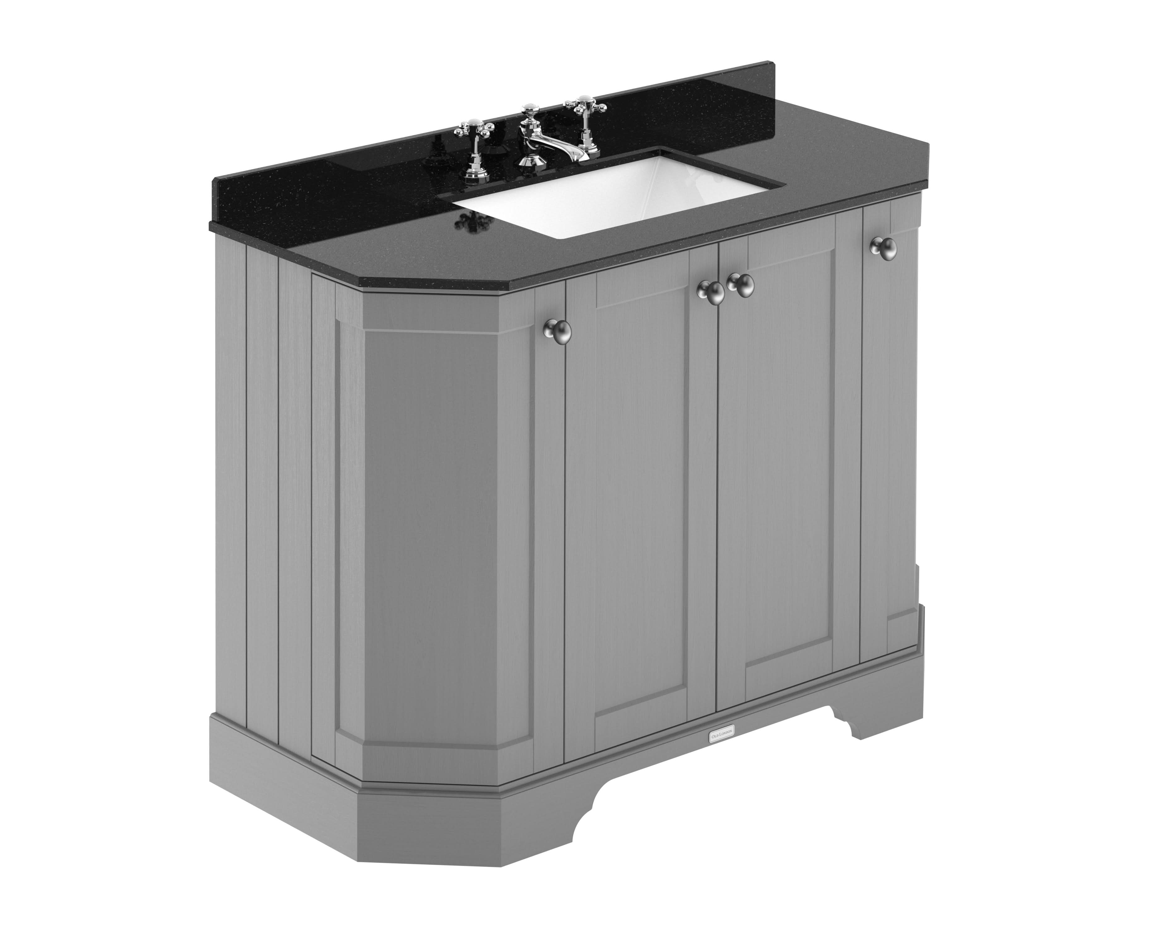 Old London Floor Standing Vanity Unit with Basin, 4 Door Angled Cabinet, 3 Tap Hole Black Marble Top, Traditional Bathroom Sink Vanity Unit in Storm Grey, 1000mm