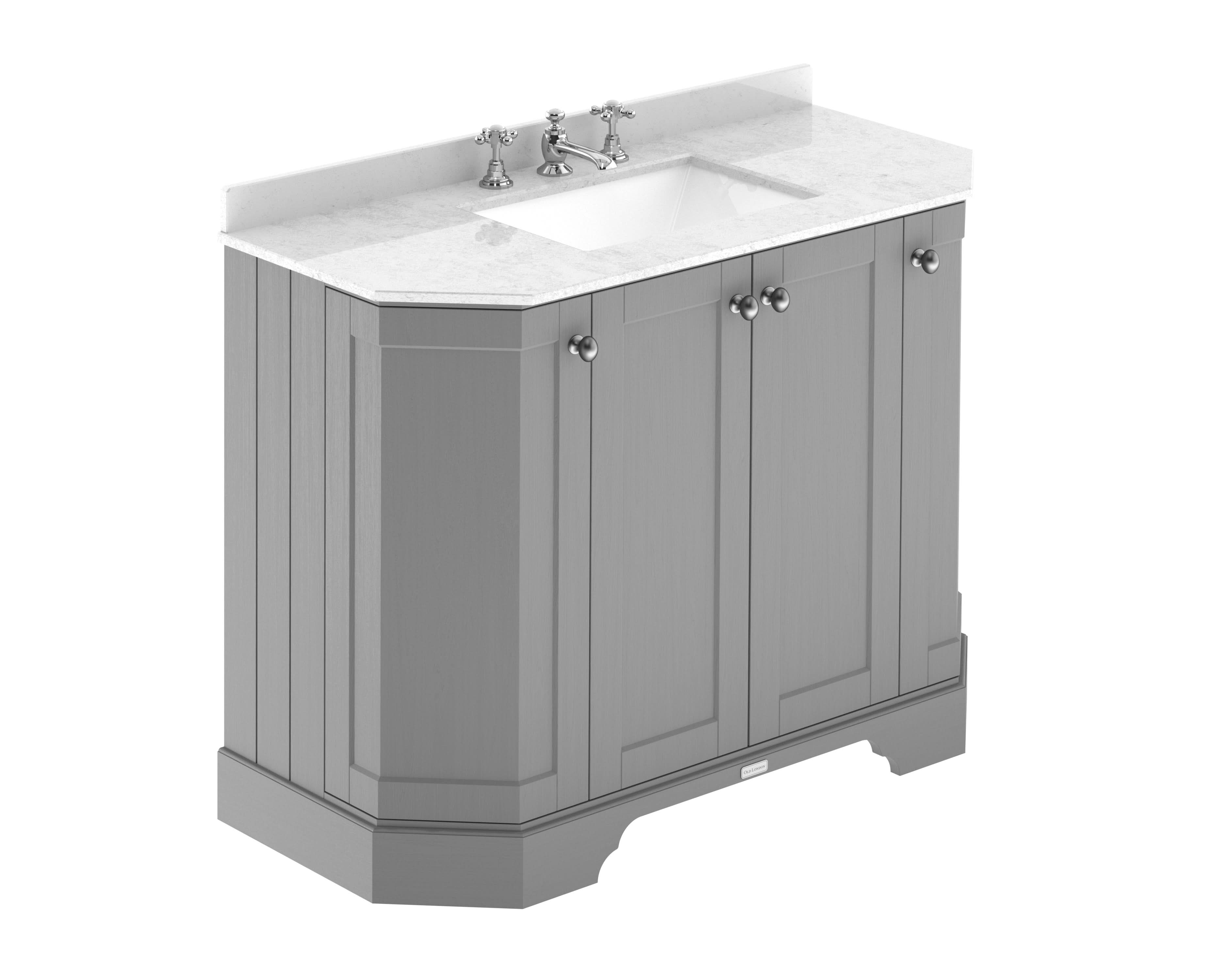 Old London Floor Standing Vanity Unit with Basin, 4 Door Angled Cabinet, 3 Tap Hole White Marble Top, Classic Bathroom Sink Vanity Unit in Storm Grey 1000mm