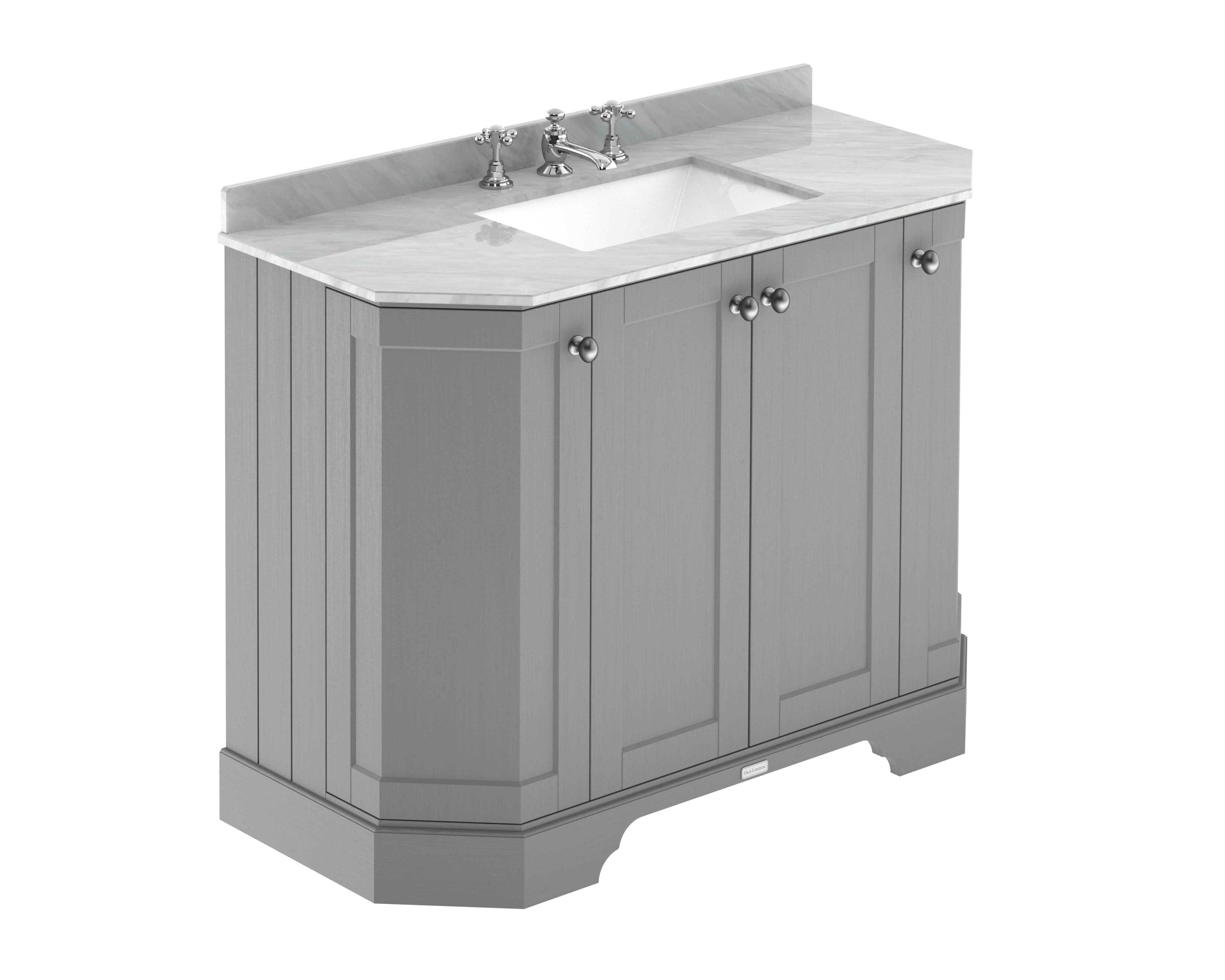 Old London Floor Standing 4 Door Angled Vanity Unit with Grey Marble Basin, Sink Vanity Unit with 3 Tap Holes, Traditional Bathroom Vanity Units in Storm Grey, 1000mm