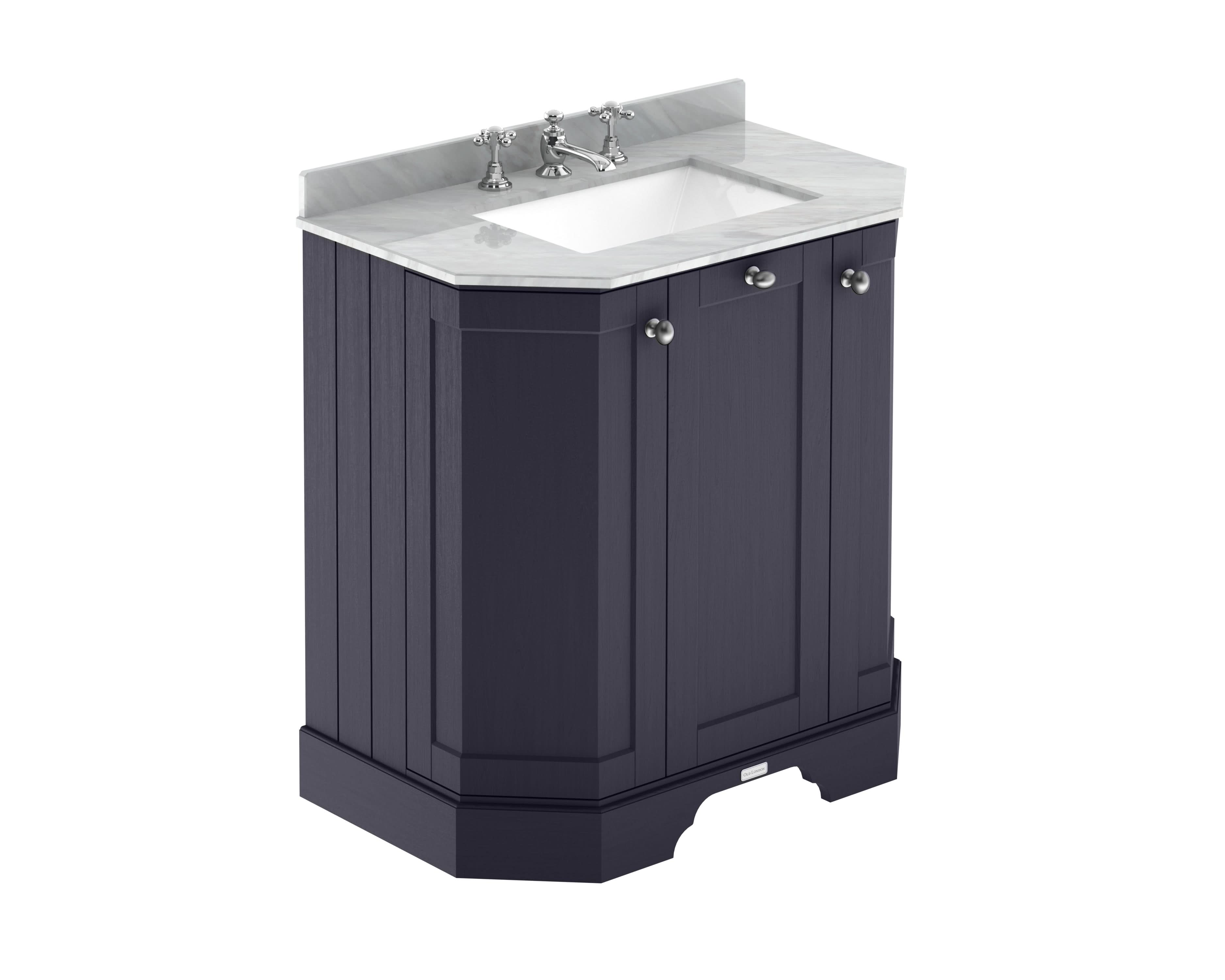 Old London Floor Standing 3 Door Angled Vanity Unit with Basin, Grey Marble Top, 3 Tap Holes, 750mm Sink Vanity Unit for Traditional Bathrooms in Twilight Blue, 750mm