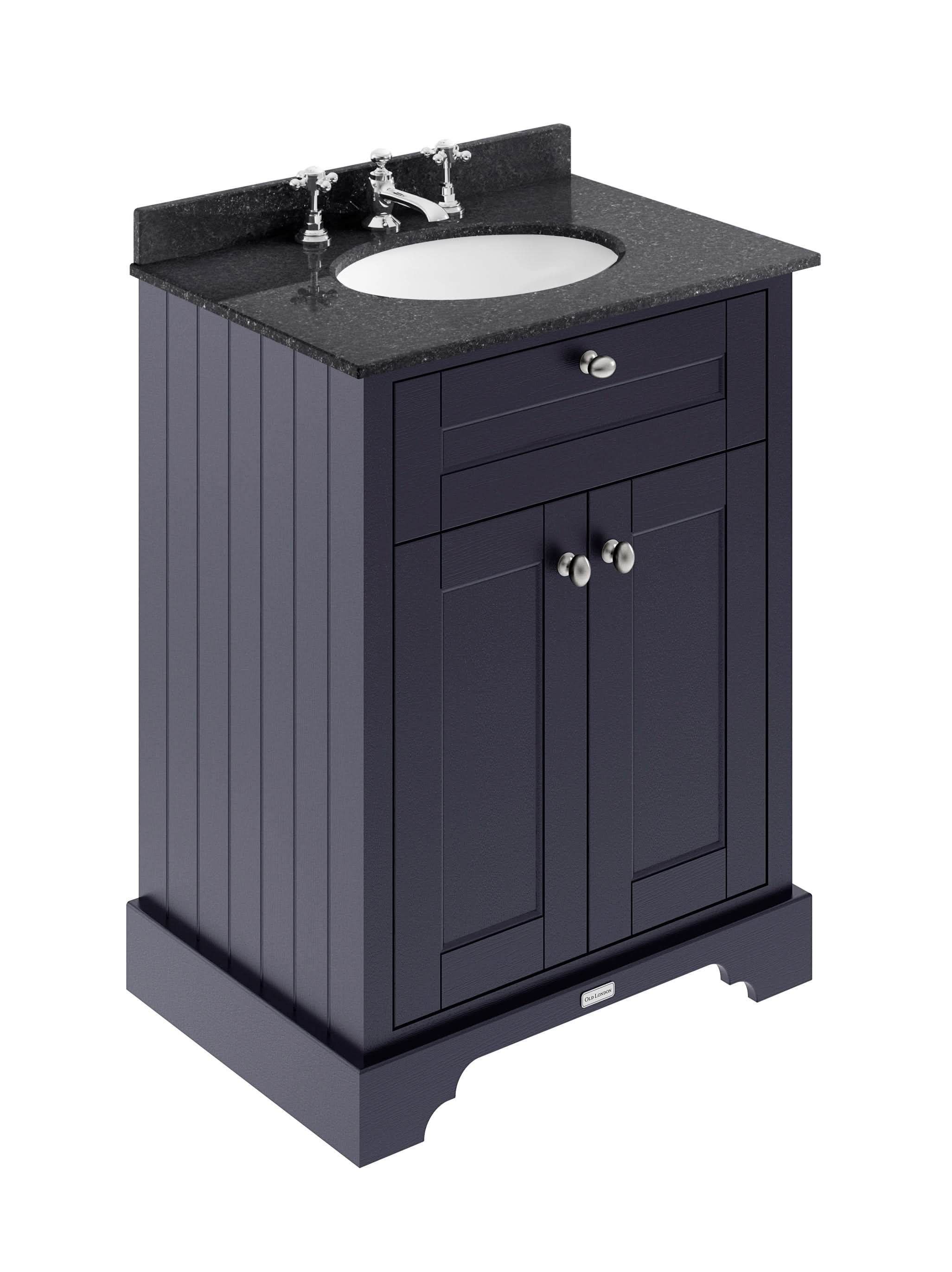 Old London Floor Standing 2 Door Vanity Unit with 3 Tap Hole Black Marble Top, Traditional Bathroom Vanity Unit with Basin & Soft Close Doors in Twilight Blue, 600mm
