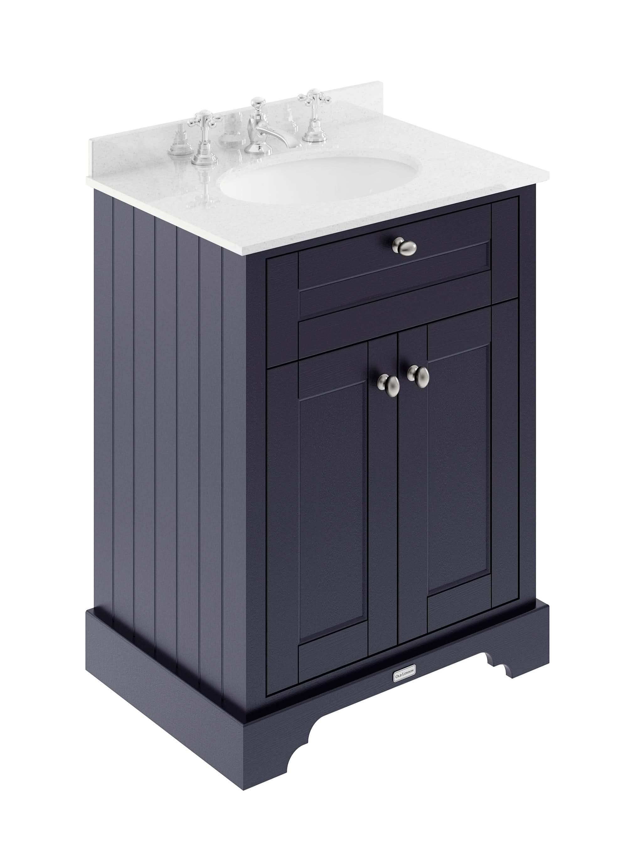 Old London Floor Standing Vanity Unit with Basin, 2 Door Cabinet, White Marble Top, 3 Tap Hole, Sink Vanity Unit for Traditional Bathroom Elegance in Twilight Blue, 600mm