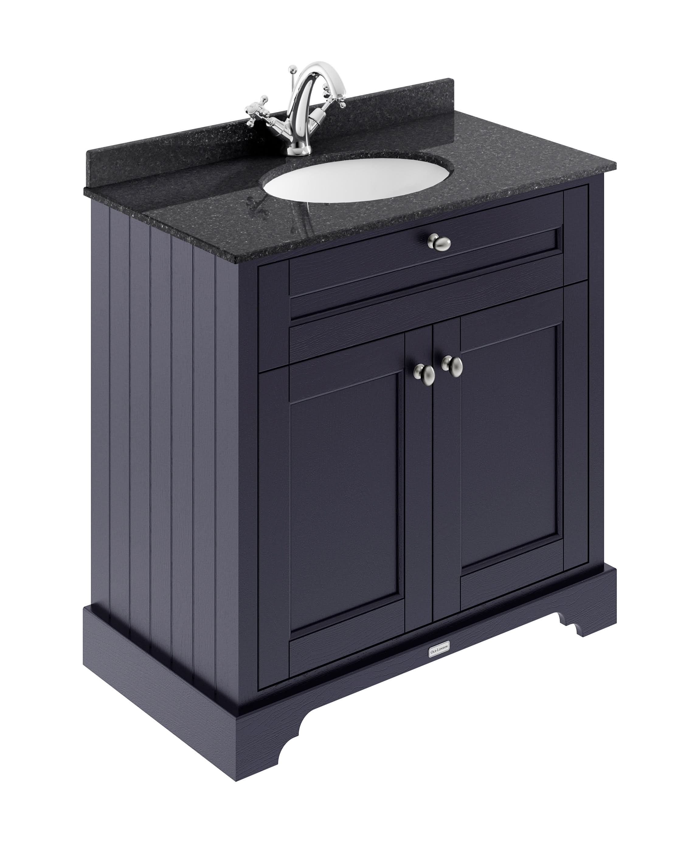 Old London Floor Standing Vanity Unit with 2 Doors, Black Marble Basin Top, Traditional Bathroom Vanity Unit with Basin, MDF Construction in Twilight Blue, 800mm