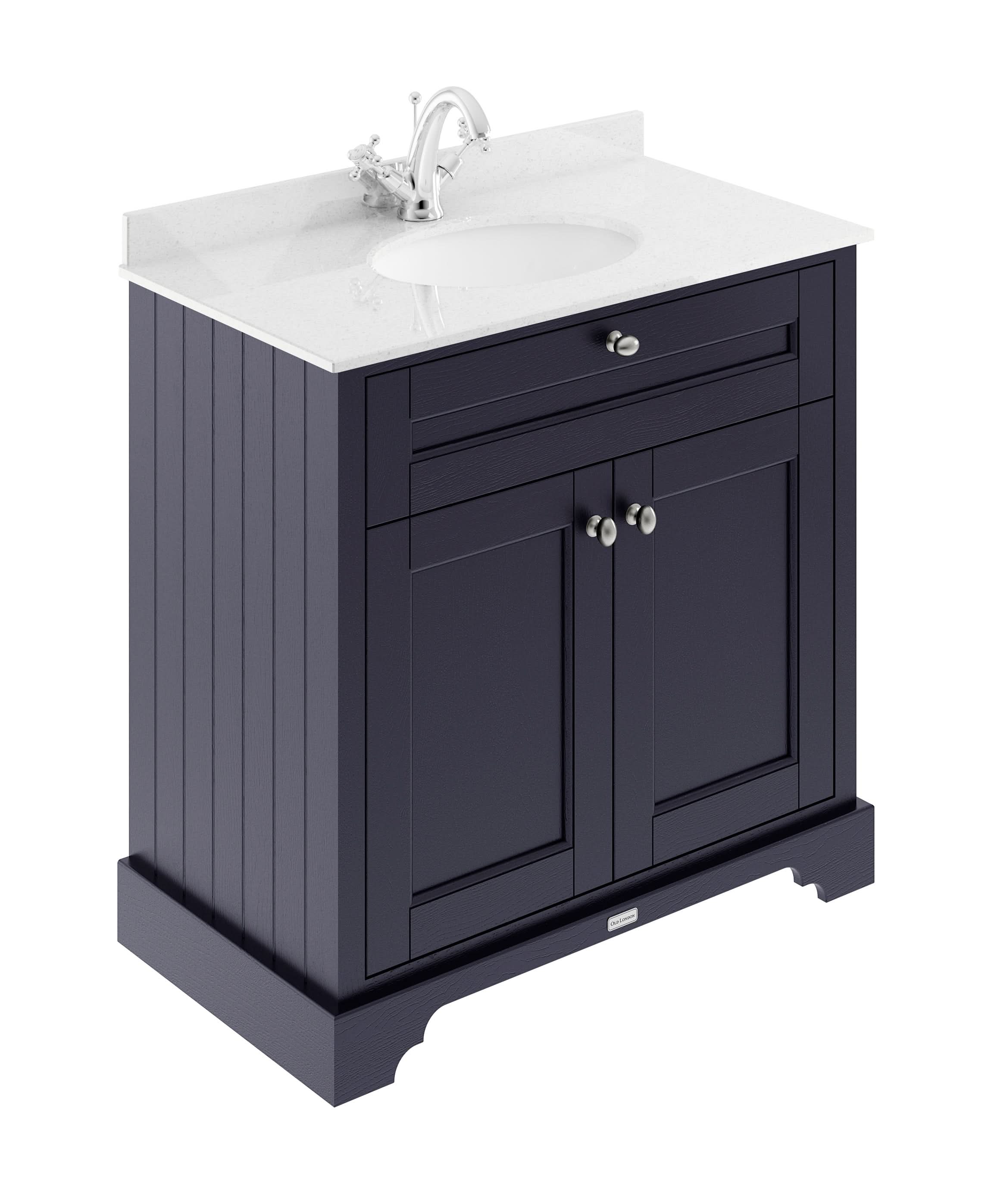 Old London Floor Standing Vanity Unit with White Marble Basin Top, 2 Door Traditional Sink Vanity Unit for Bathroom with 1 Tap Hole in Twilight Blue, 800mm