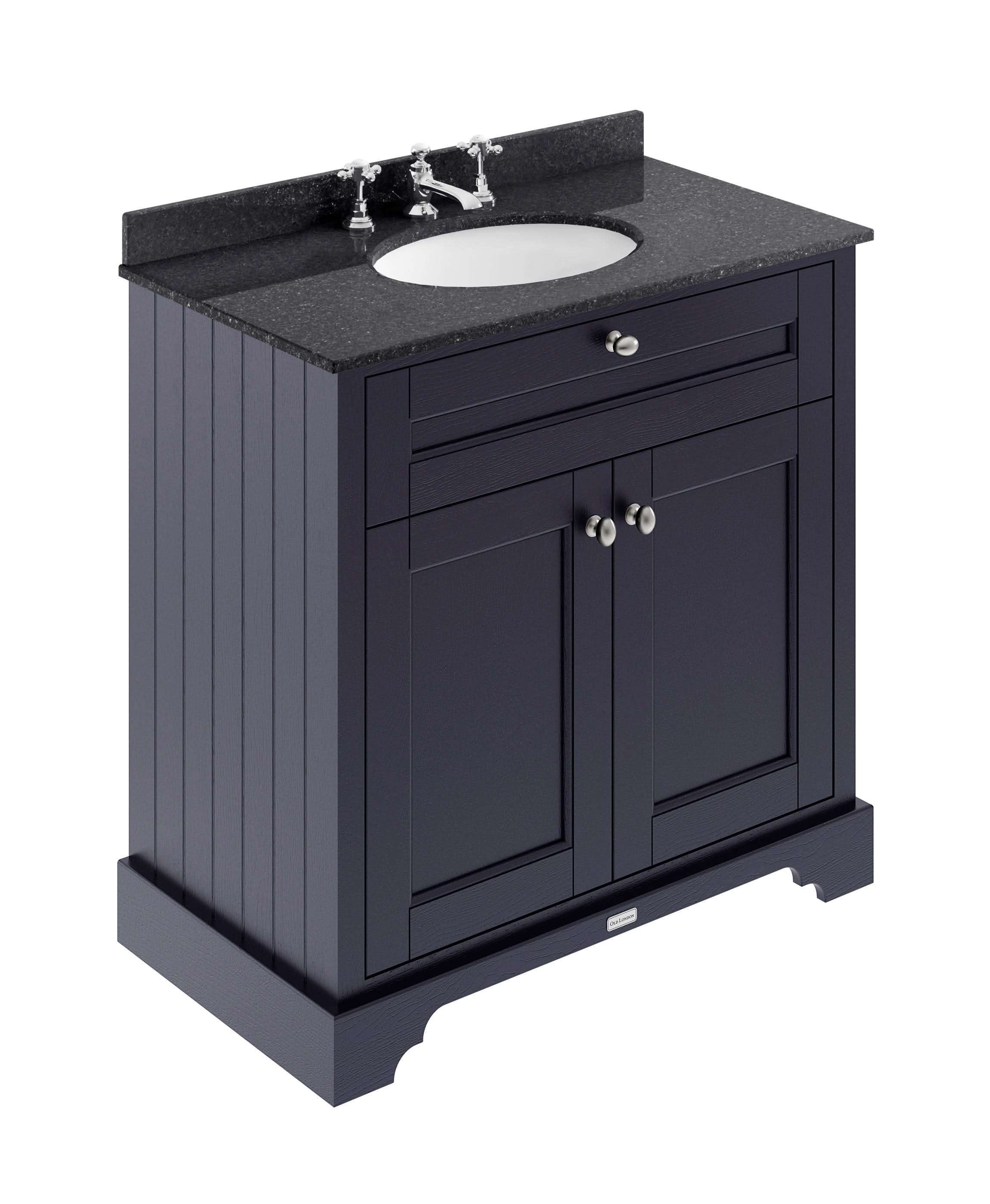 Old London Floor Standing 2 Door Vanity Unit with Black Marble Top & 3 Tap Holes, Traditional Bathroom Sink Vanity Unit with Basin & Storage in Twilight Blue, 800mm