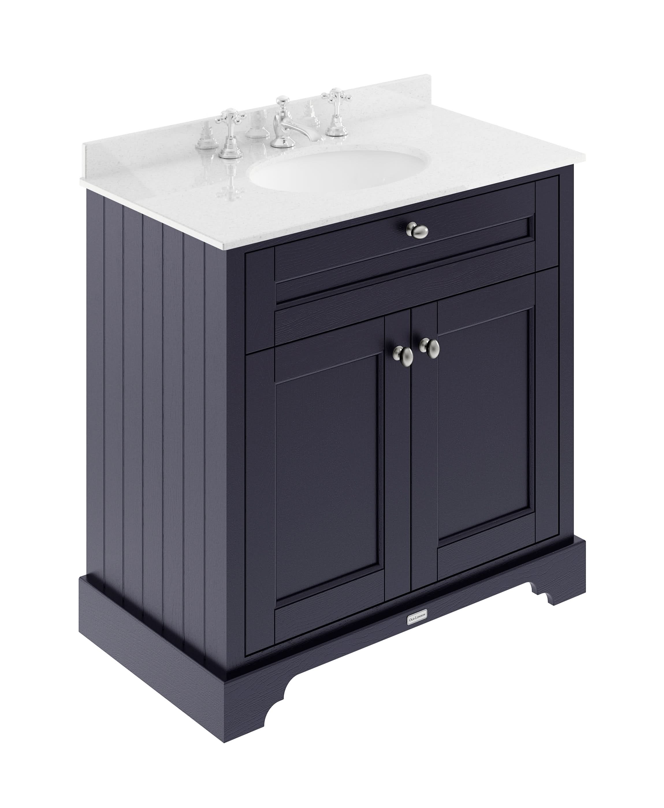 Old London Floor Standing Vanity Unit with Basin, 2 Door Cabinet, 3 Tap Hole White Marble Top, Traditional Sink Vanity Unit in Bathroom in Twilight Blue, 800mm