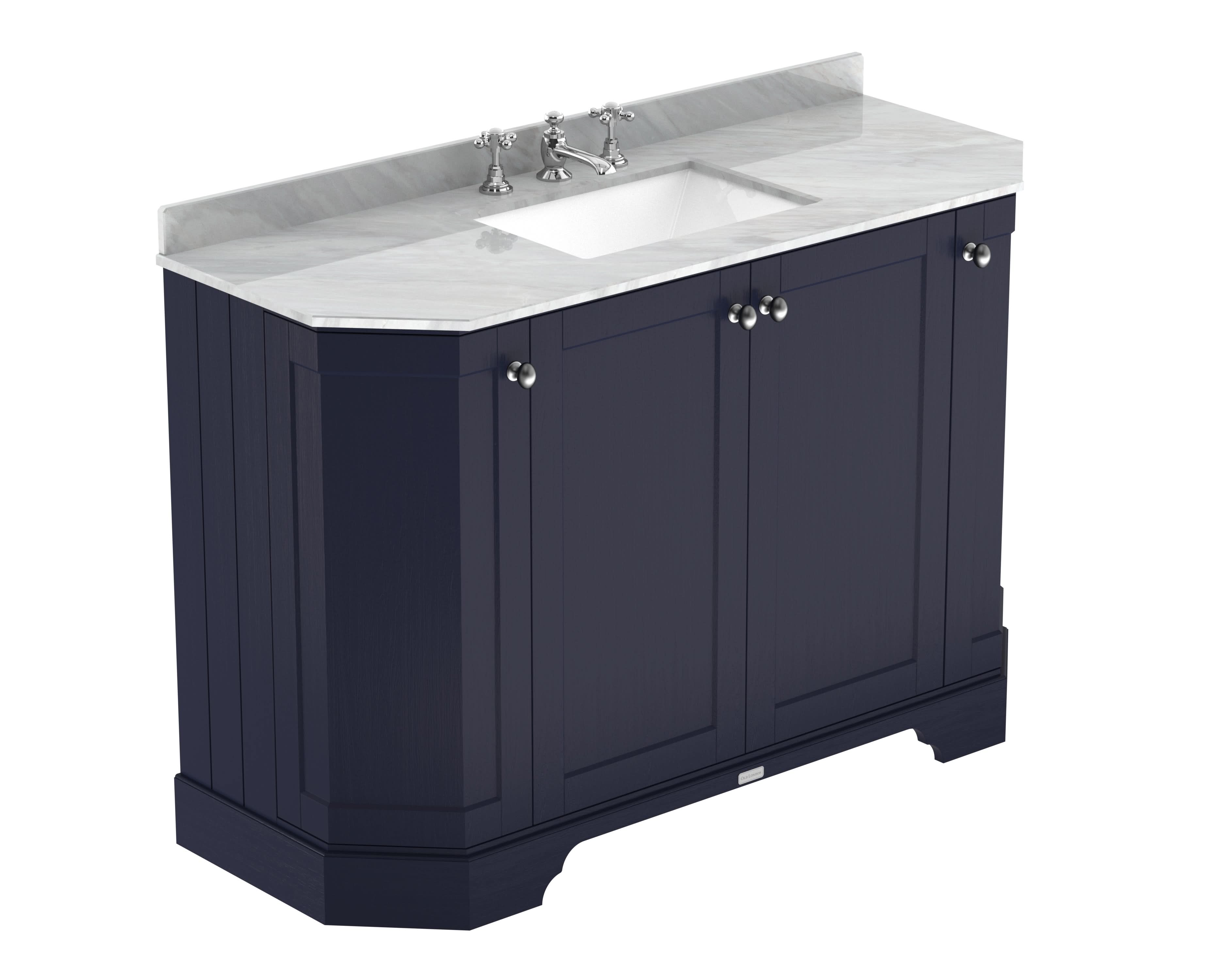 Old London Floor Standing 4 Door Vanity Unit with Grey Marble Top, Traditional Sink Vanity Unit, Soft Close Doors, MDF Bathroom Cabinet in Twilight Blue, 1200mm