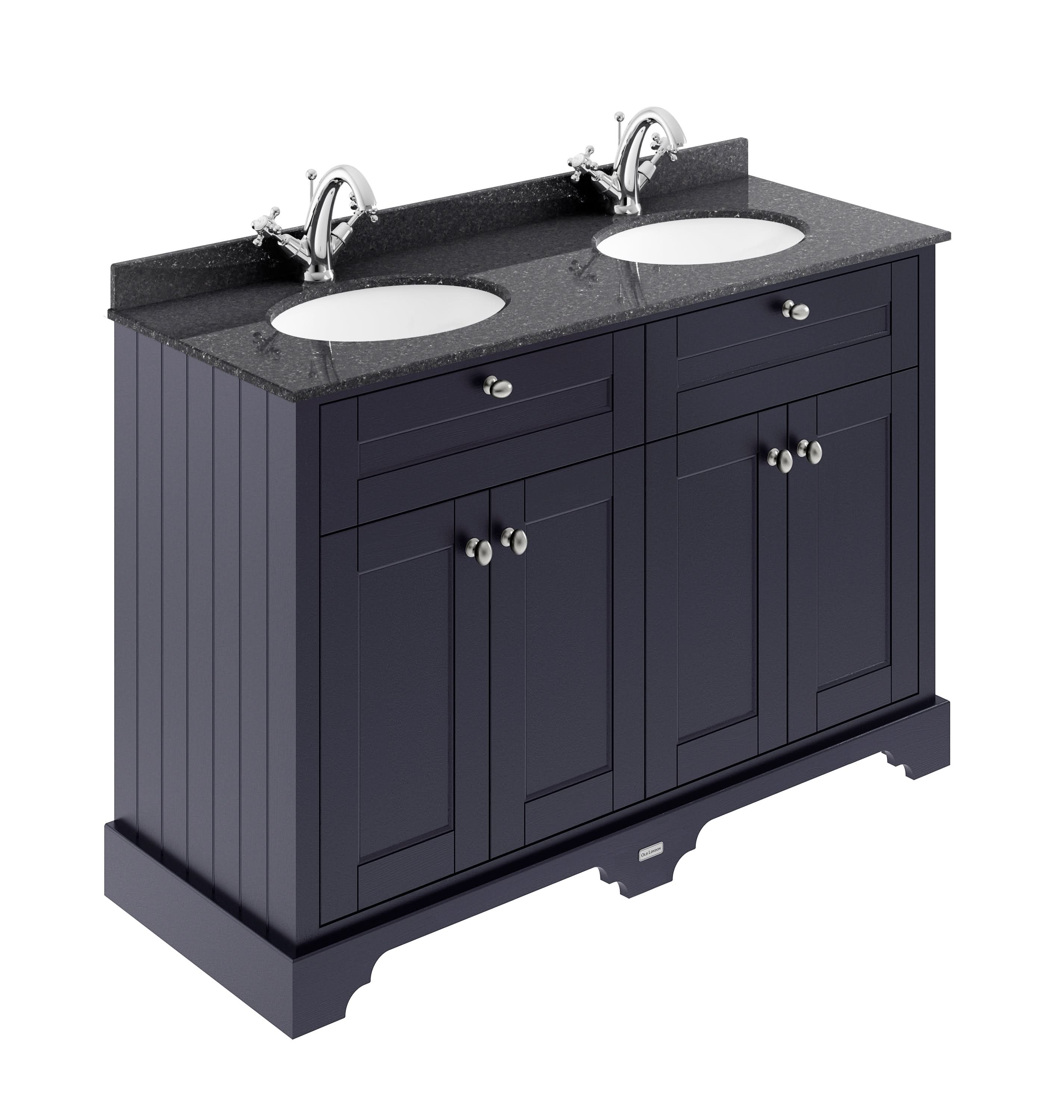 Old London Floor Standing 4 Door Vanity Unit with 1 Tap Hole Double Black Marble Basin, Traditional Bathroom Sink Vanity Unit with Storage in Twilight Blue, 1200mm