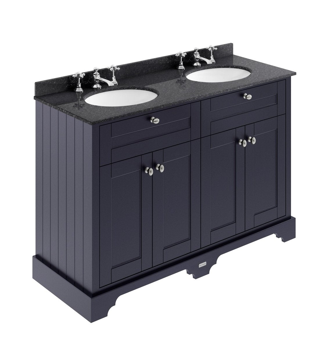 Old London Floor Standing Vanity Unit with 4 Doors, Double Black Marble Basin & 3 Tap Holes Sink Vanity Unit for Traditional Bathroom Interiors in Twilight Blue, 1200mm