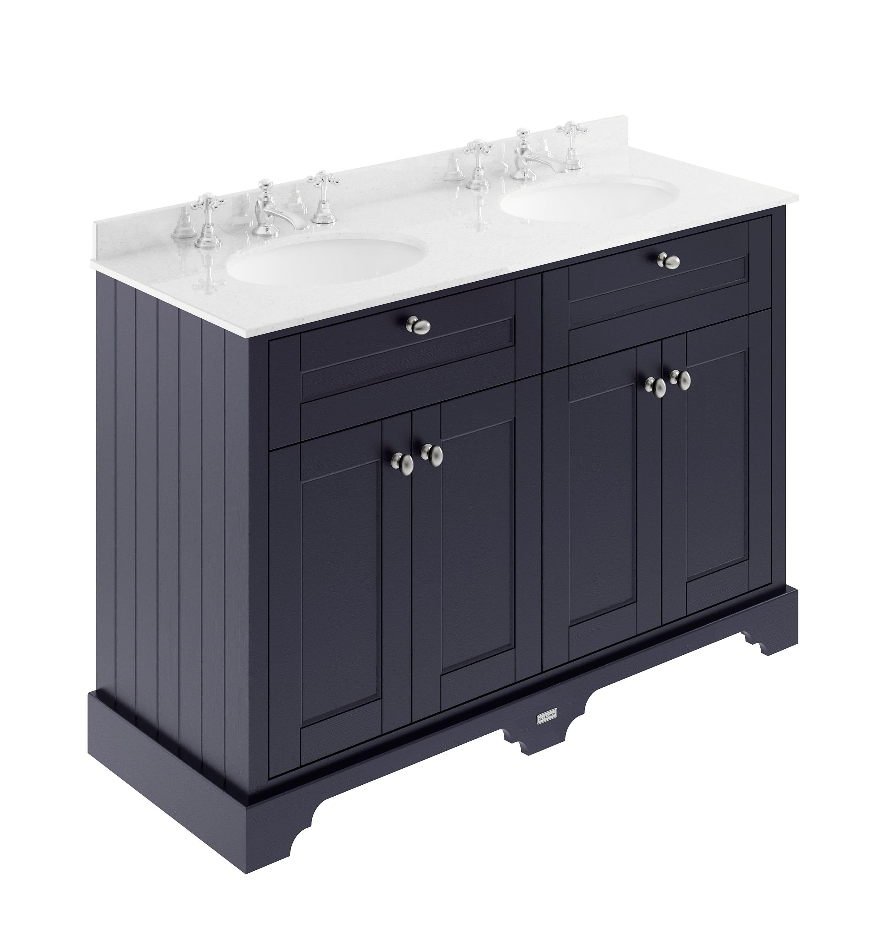 Old London Floor Standing 4 Door Vanity Unit with 3 Tap Hole Double Basin White Marble Top, Sink Vanity Unit for Traditional Bathroom Interiors in Twilight Blue, 1200mm