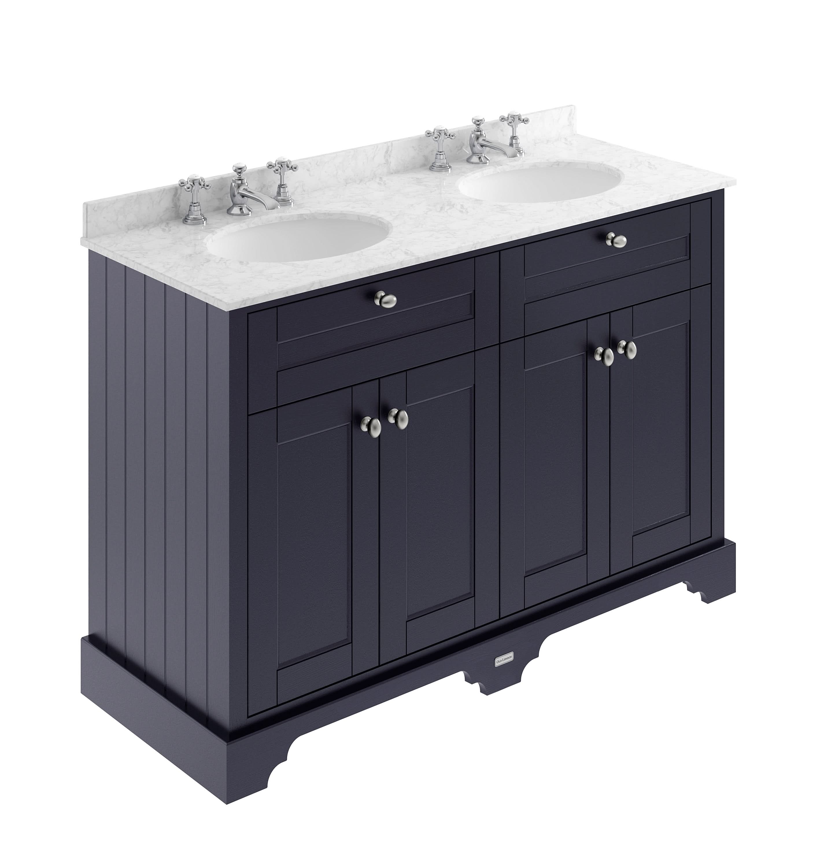 Old London Floor Standing 4 Door Vanity Unit with 3 Tap Hole Grey Marble Double Basin, Traditional Sink Vanity Unit for Bathroom in Twilight Blue, 1200mm