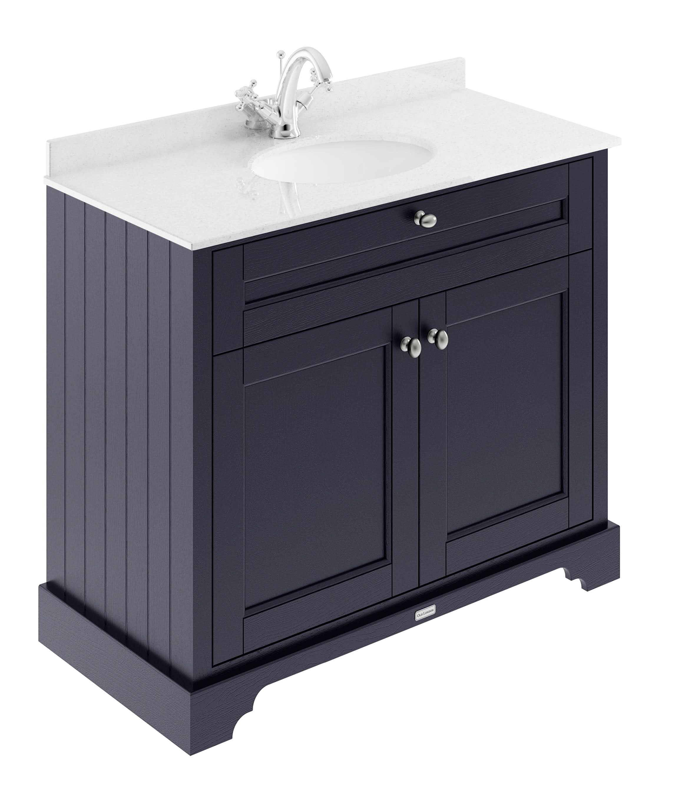 Old London Floor Standing Vanity Unit with White Marble Basin Top 1 Tap Hole, Traditional Sink Vanity Unit with 2 Door, Modern Bathroom Furniture in Twilight Blue, 1000mm