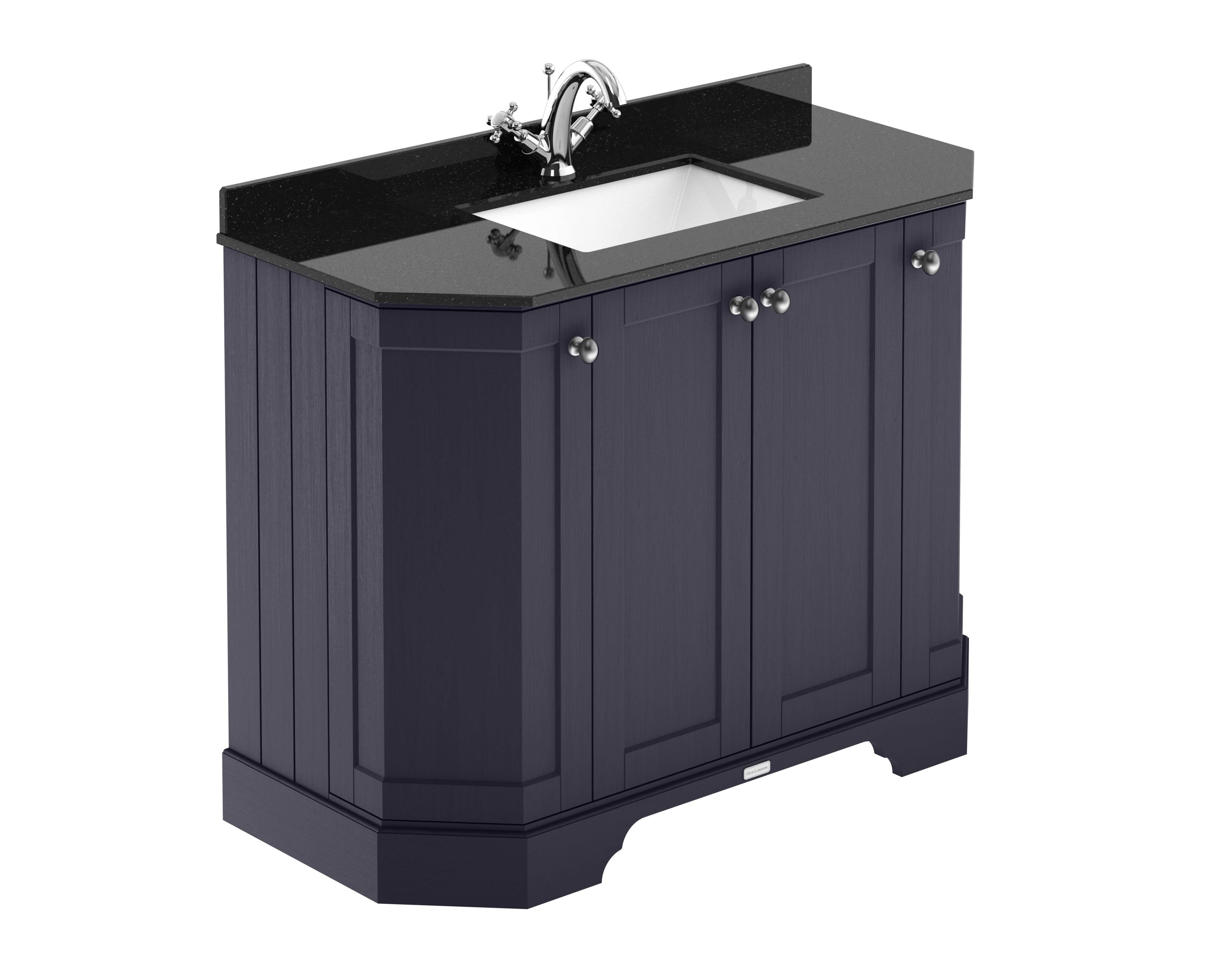 Old London Floor Standing 4 Door Angled Vanity Unit with 1 Tap Hole Black Marble Basin Top, Durable Traditional Sink Vanity Unit in Twilight Blue, 1000mm