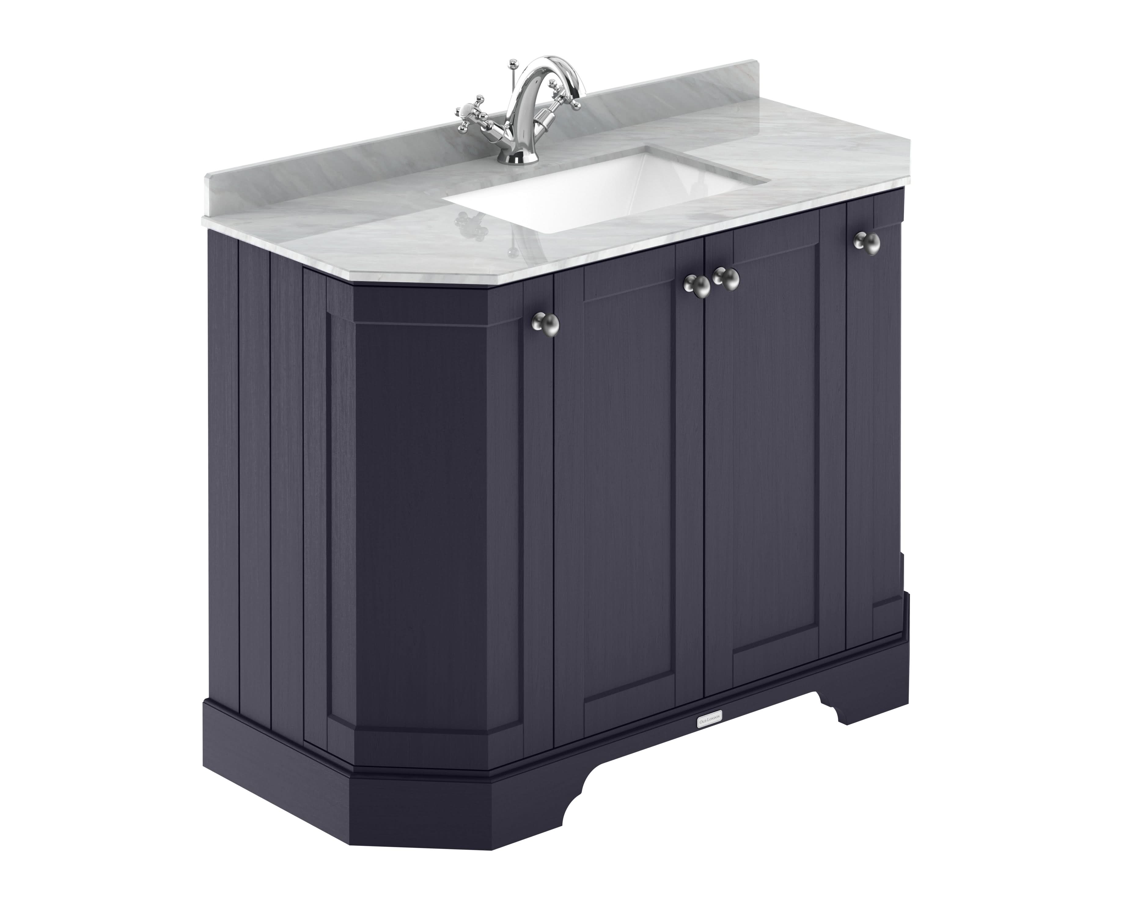 Old London Floor Standing 4 Door Angled Vanity Unit with 1 Tap Hole Grey Marble Top, Traditional Bathroom Vanity Unit with Basin in Twilight Blue, 1000mm