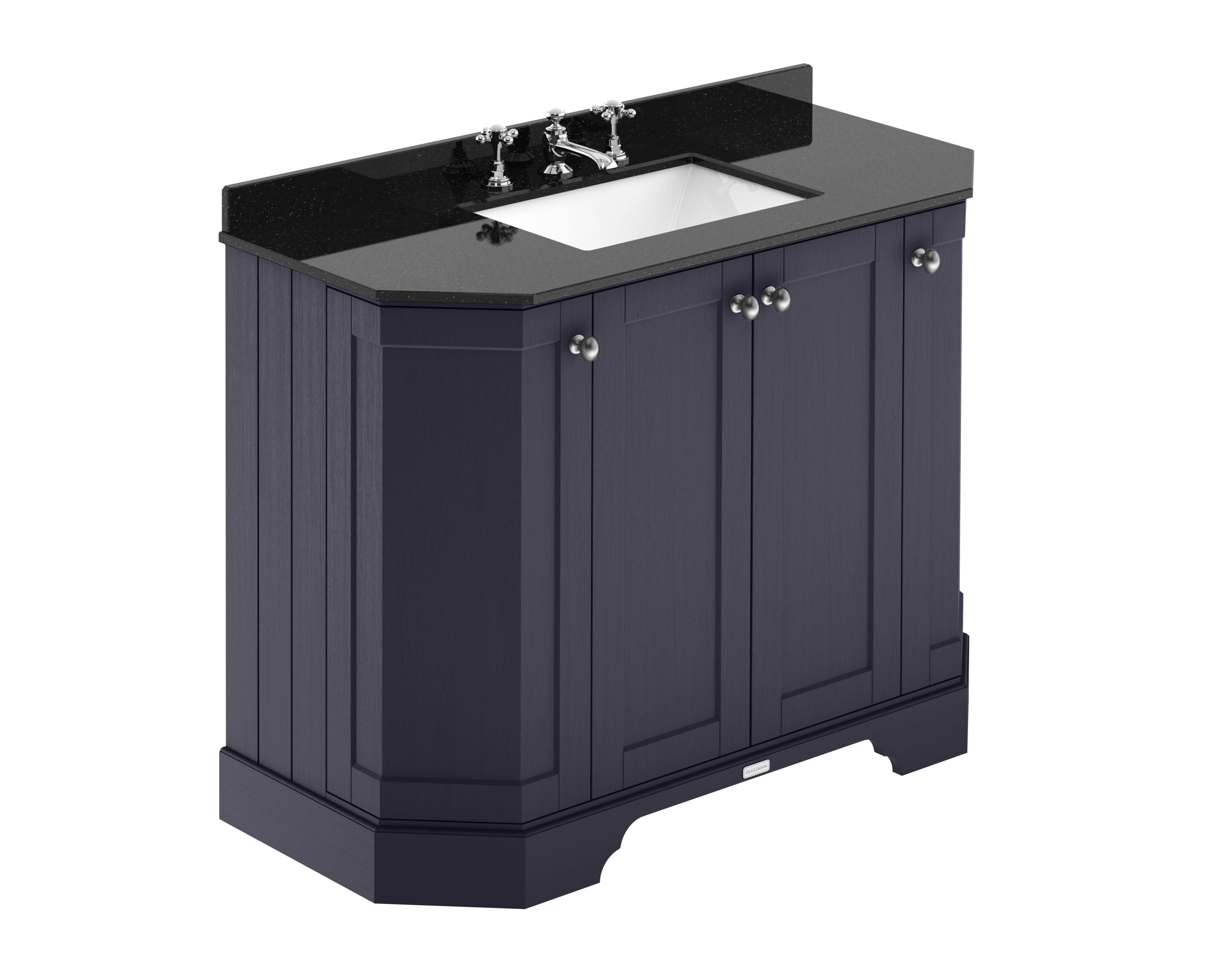 Old London Floor Standing 4 Door Angled Vanity Unit with 3 Tap Hole Black Marble Basin Top, Traditional Sink Vanity Unit for Classic Bathroom in Twilight Blue, 1000mm