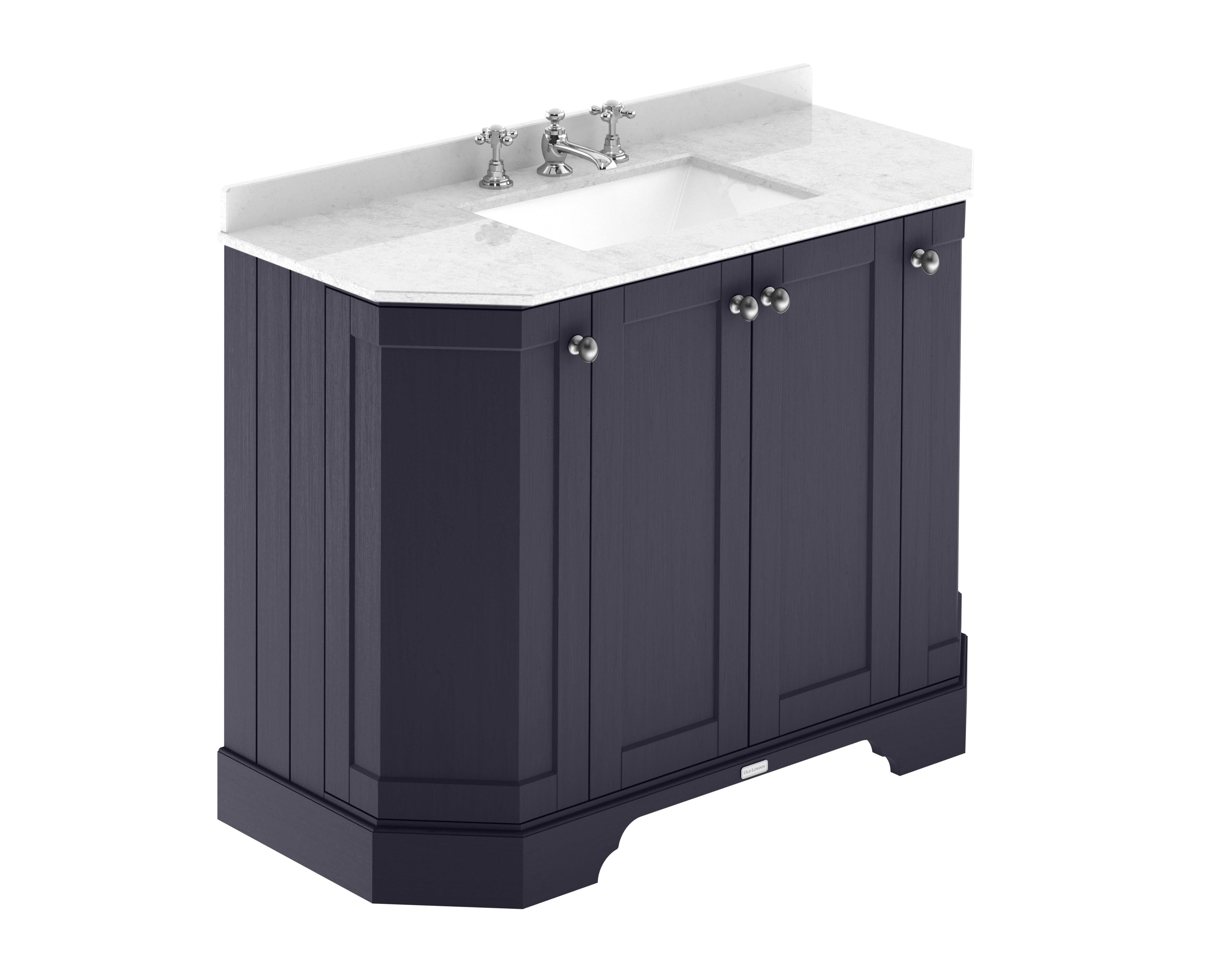 Old London Floor Standing 4 Door Vanity Unit with White Marble Basin, 3 Tap Hole Sink Vanity Unit in Bathroom, Traditional Style Soft Close Doors in Twilight Blue, 1036mm