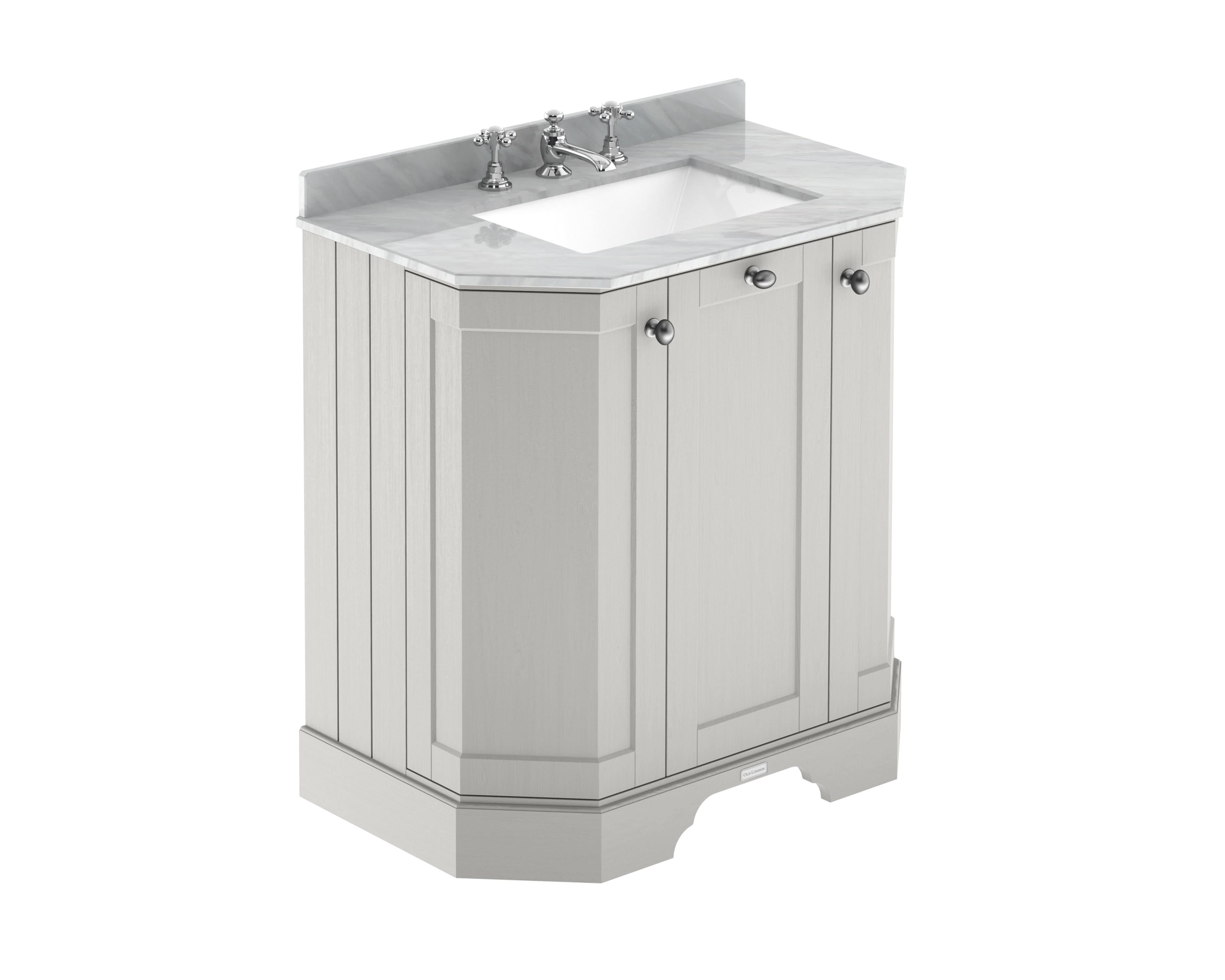 Old London Floor Standing Vanity Unit with Basin, 3 Door Angled Design, Grey Marble Top Traditional Sink Vanity Unit for Bathroom Storage in Timeless Sand, 750mm