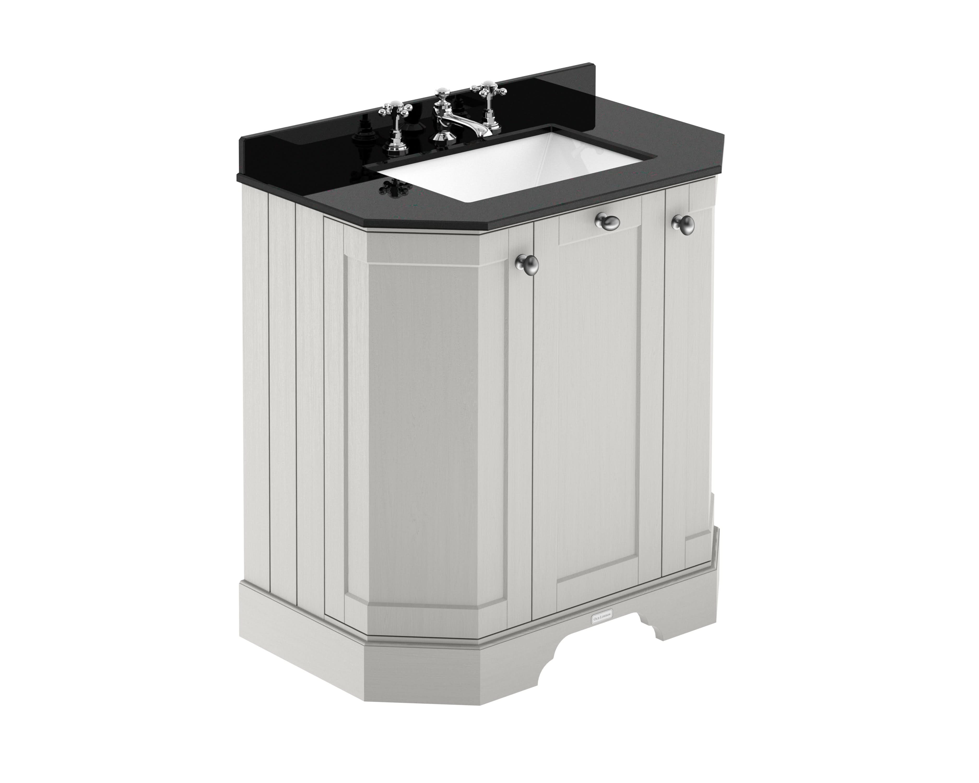 Old London Floor Standing 3 Door Angled Vanity Unit with Black Marble Basin Top, Traditional Bathroom Vanity Unit with 3 Tap Hole & Storage in Timeless Sand, 750mm