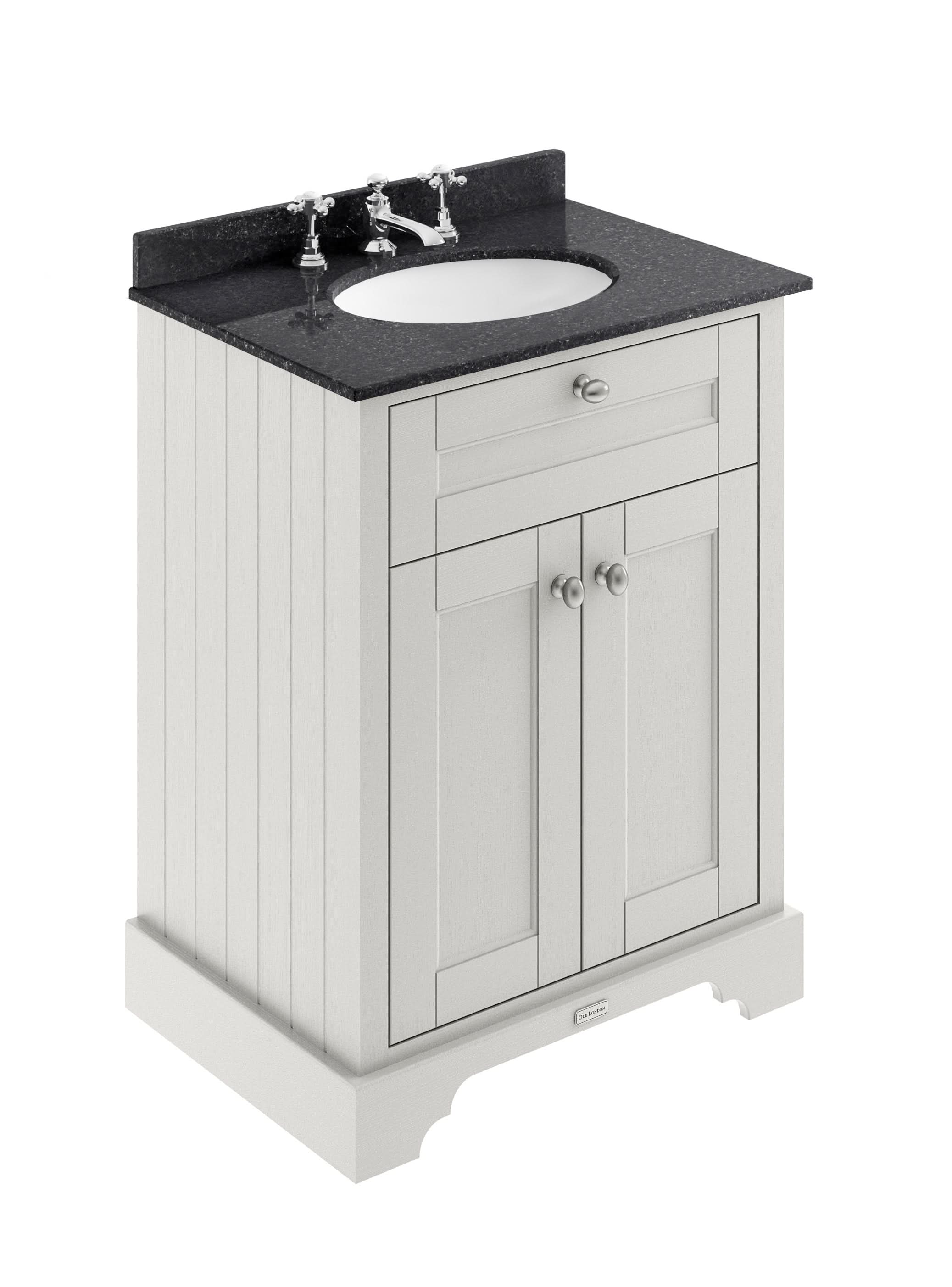Old London Floor Standing Vanity Unit with 3 Tap Hole Black Marble Top, Traditional Sink Cabinet for Bathroom, Soft Close Doors in Timeless Sand, 600mm