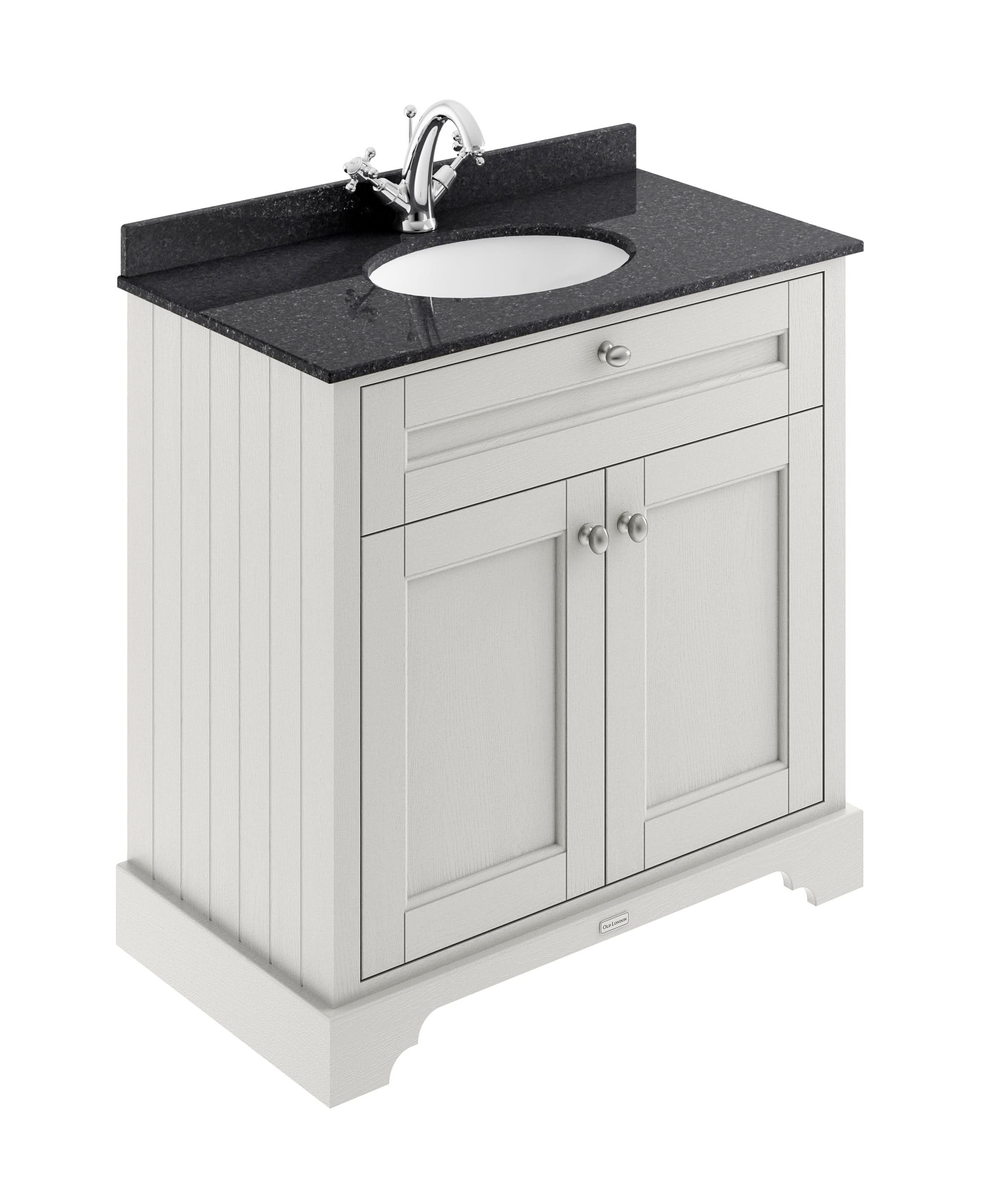 Old London Floor Standing Vanity Unit with 1 Tap Hole Black Marble Top, Traditional Bathroom Sink Cabinet, Soft Close Doors, Classic Design in Timeless Sand 800mm