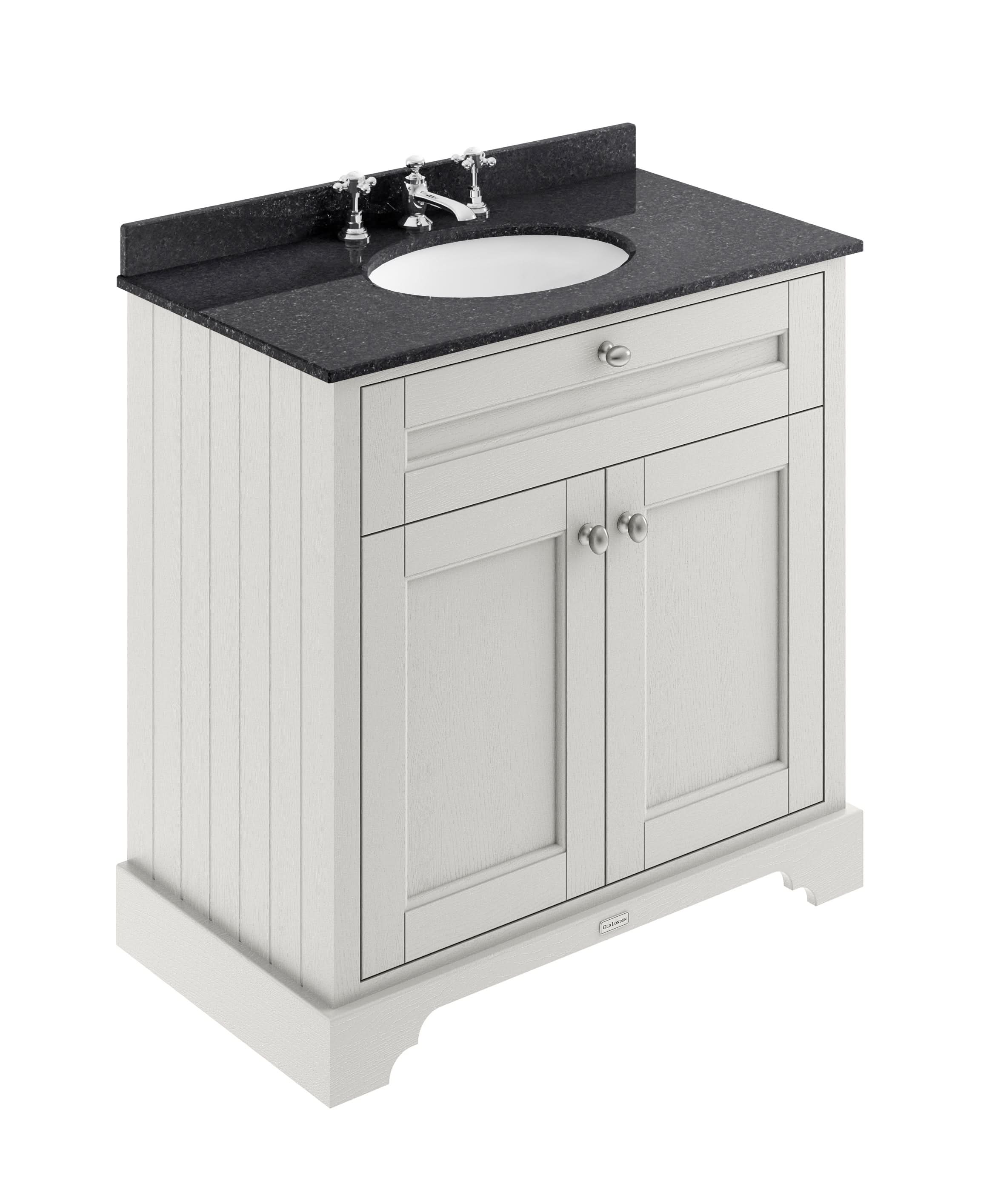 Old London Floor Standing Vanity Unit with 3 Tap Hole Black Marble Top, Traditional Bathroom Sink Cabinet, Soft Close Doors in Timeless Sand Finish, 800mm