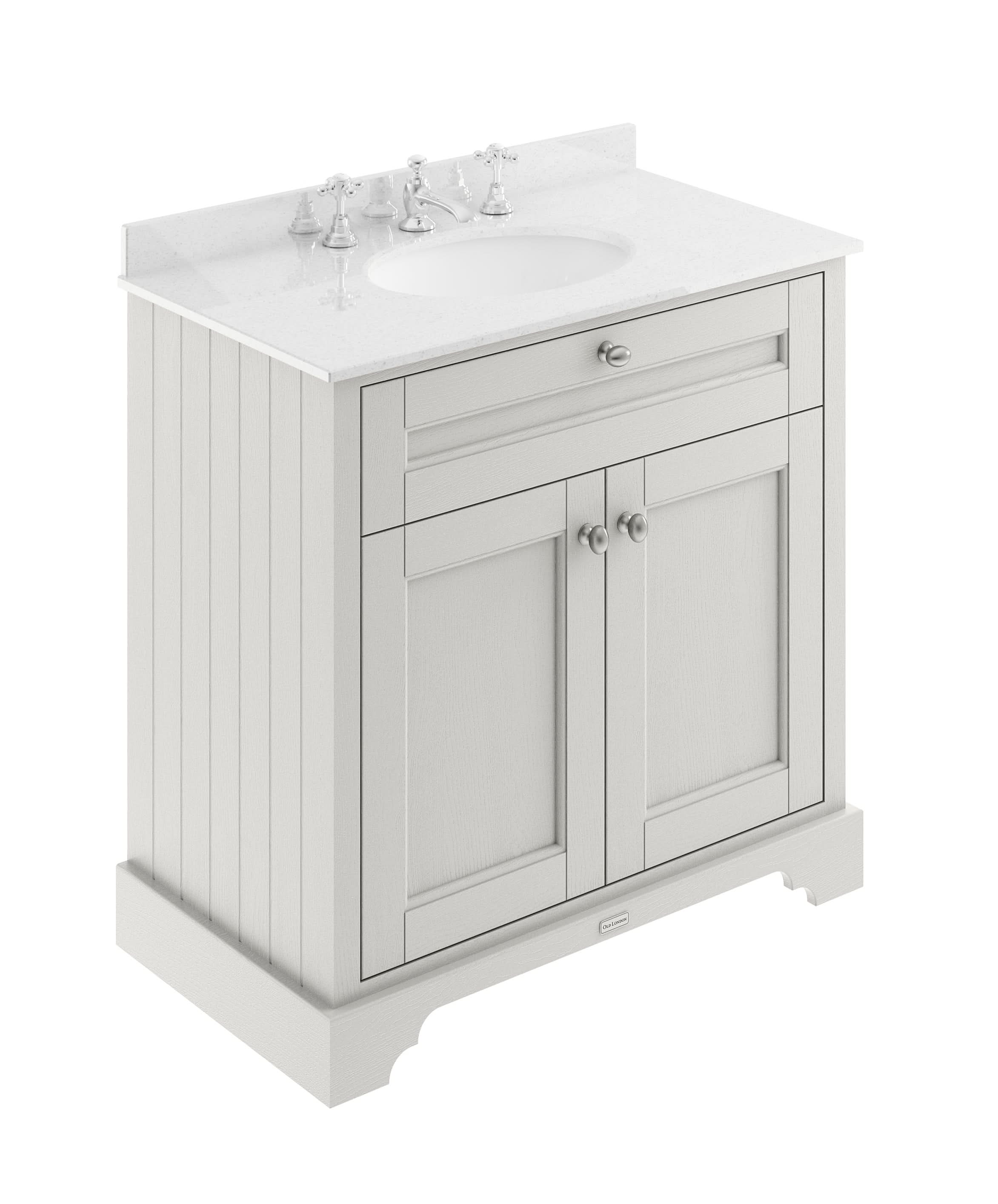 Old London Floor Standing Vanity Unit with 3 Tap Hole White Marble Top, Traditional Sink Vanity Unit for Bathroom, Soft Close Doors in Timeless Sand, 800mm