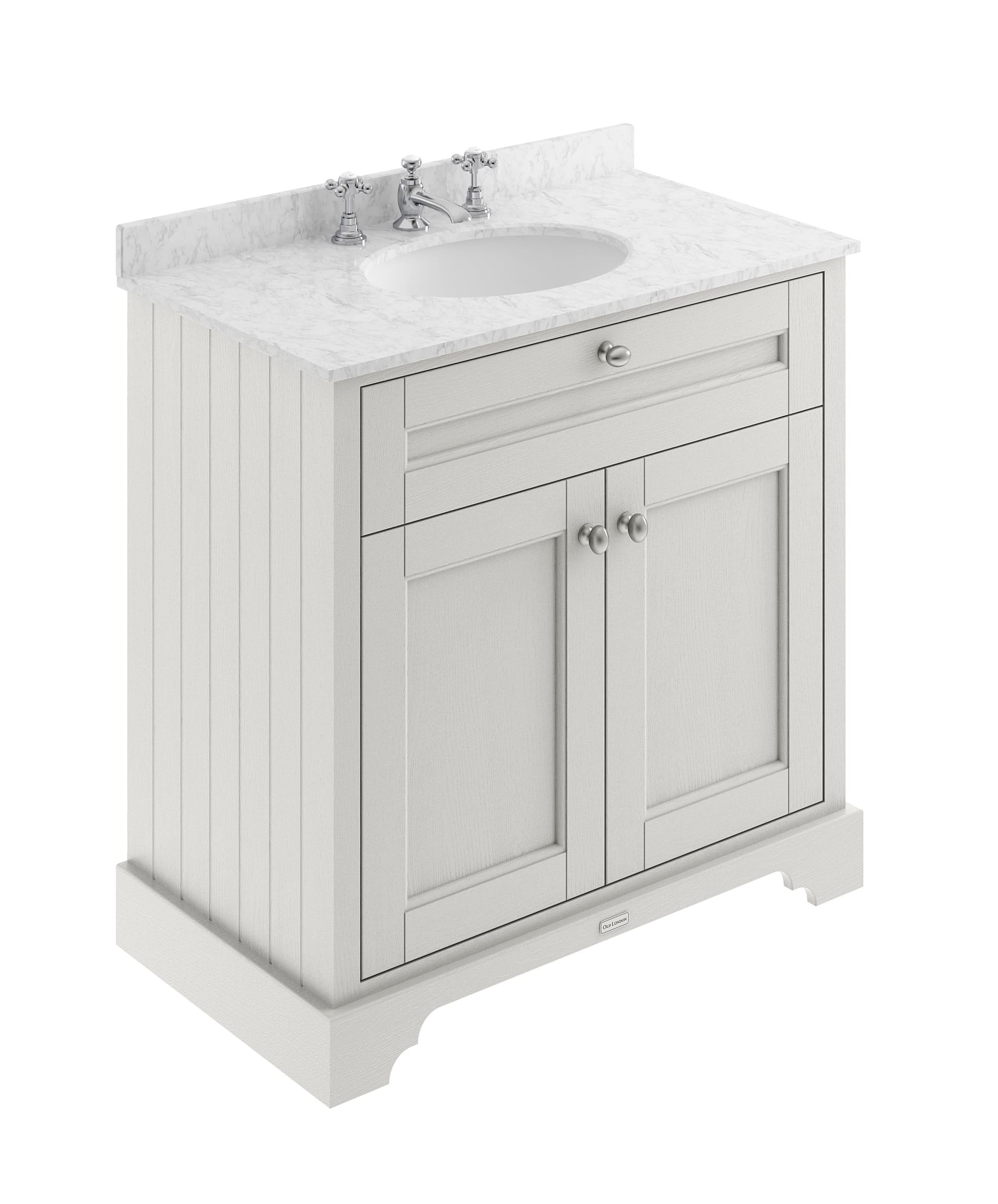 Old London Floor Standing Vanity Unit with 3 Tap Hole Grey Marble Top, Traditional Sink Vanity Unit for Bathroom, Soft Close Doors in Timeless Sand, 800mm