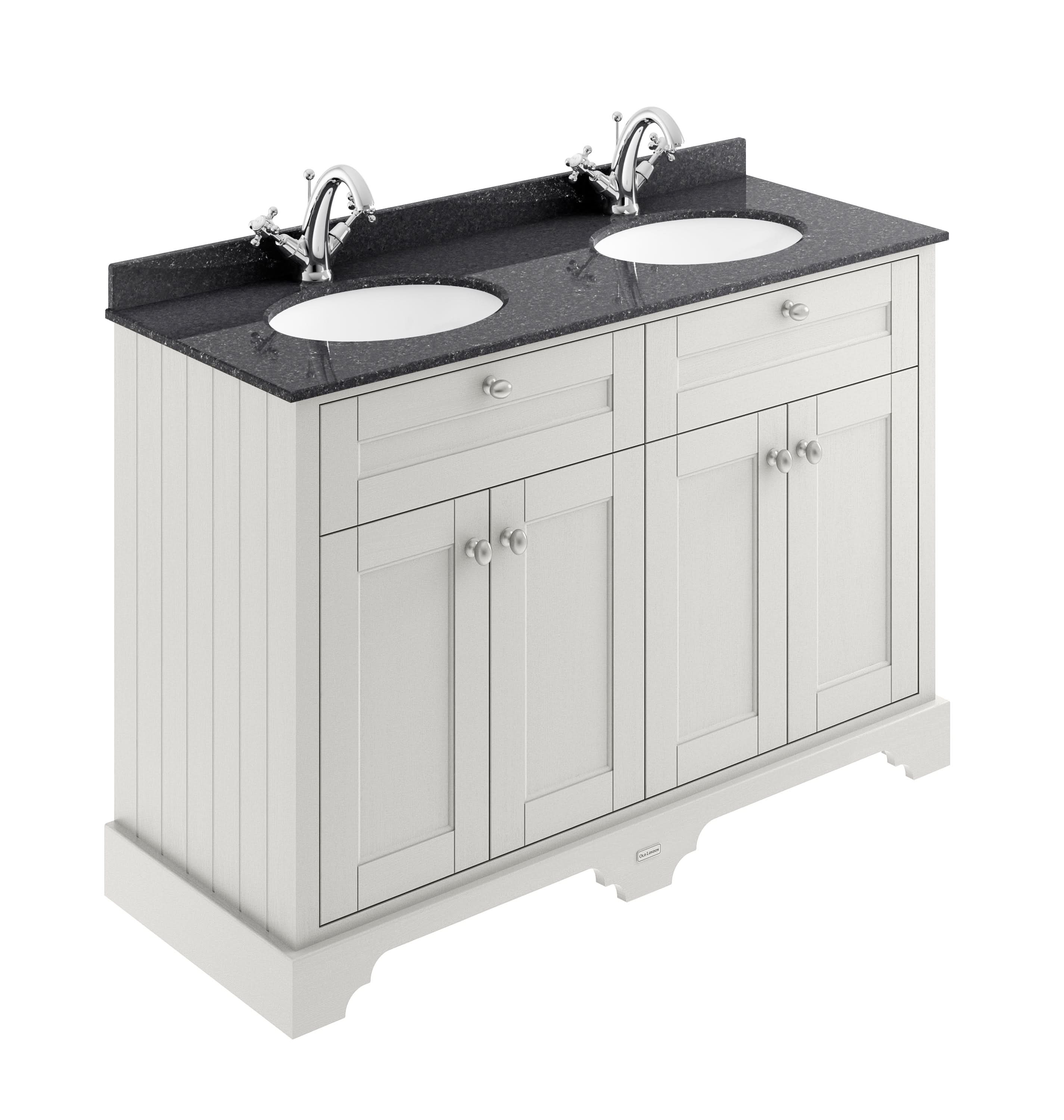 Old London Floor Standing Vanity Unit, 4 Soft Close Doors Double Sink Cabinet with Black Marble Top, Traditional Knob Handles, Bathroom Storage in Timeless Sand, 1200mm