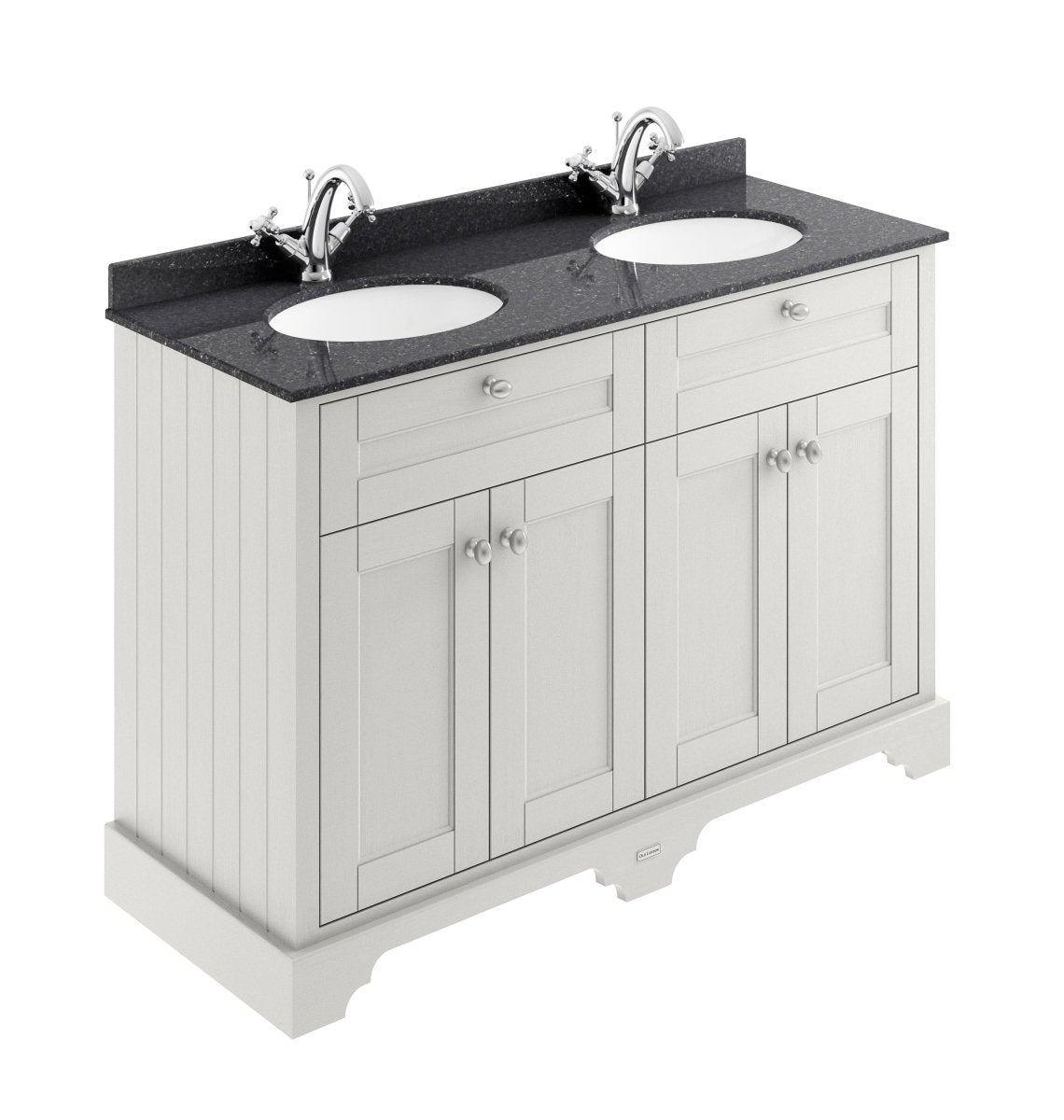 Old London Floor Standing Vanity Unit, 4 Soft Close Doors Double Sink Cabinet with Black Marble Top, Traditional Knob Handles, Bathroom Storage in Timeless Sand, 1200mm