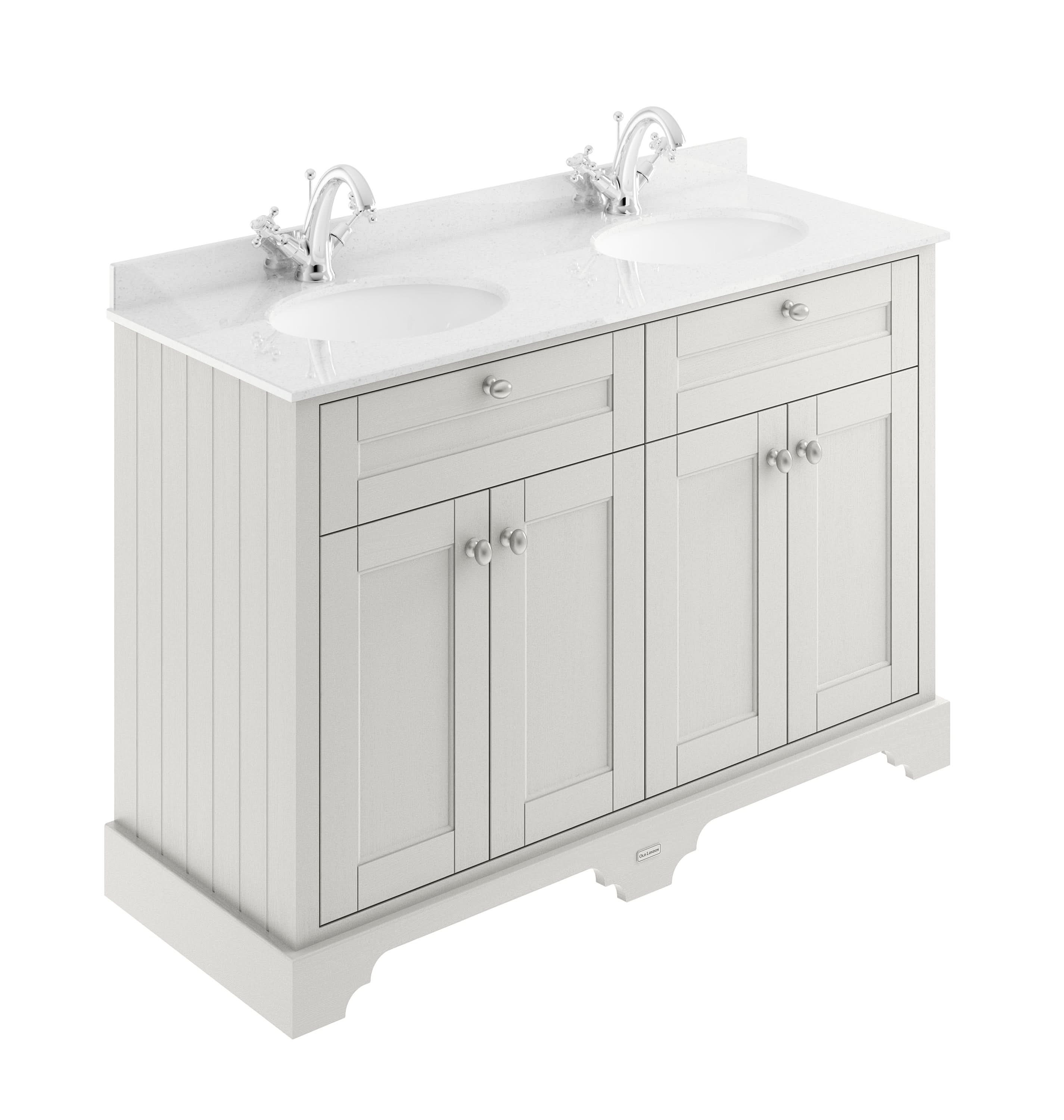 Old London Floor Standing Vanity Unit with Basin, 4 Door Cabinet, 1 Tap Hole Double White Marble Top, Bathroom Sink Vanity Unit in Timeless Sand, 1200mm