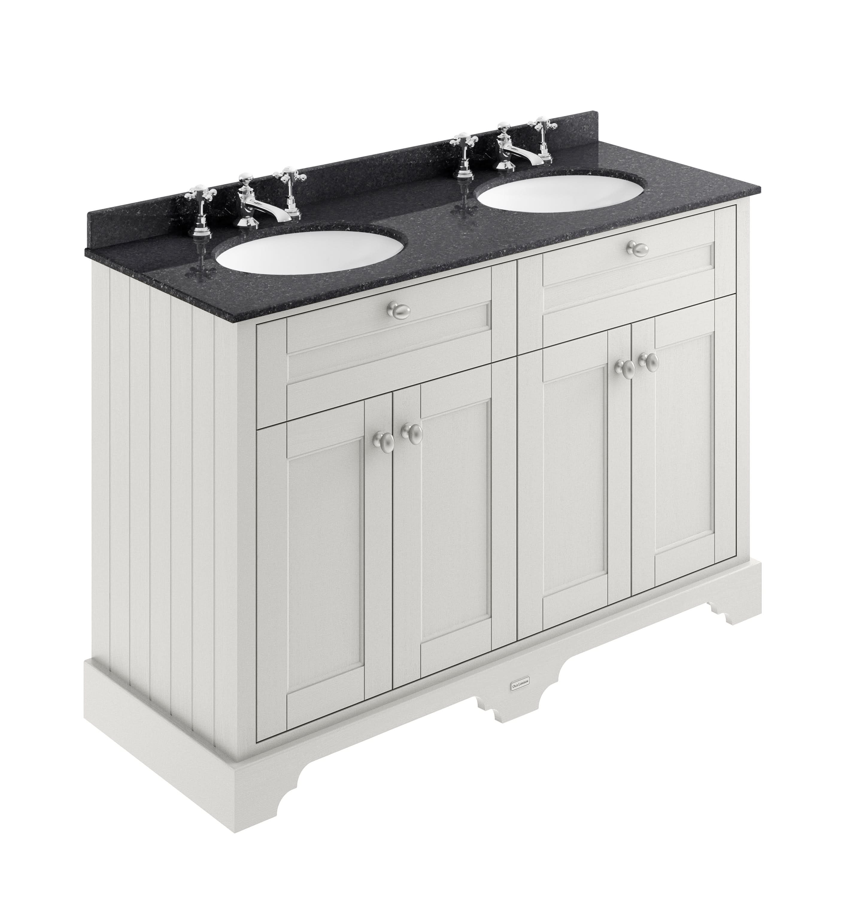 Old London Floor Standing Vanity Unit with Black Marble Double Basin, 4 Door, 3 Tap Hole, Sink Vanity Unit for Traditional Bathroom Spaces in Timeless Sand Finish, 1200mm