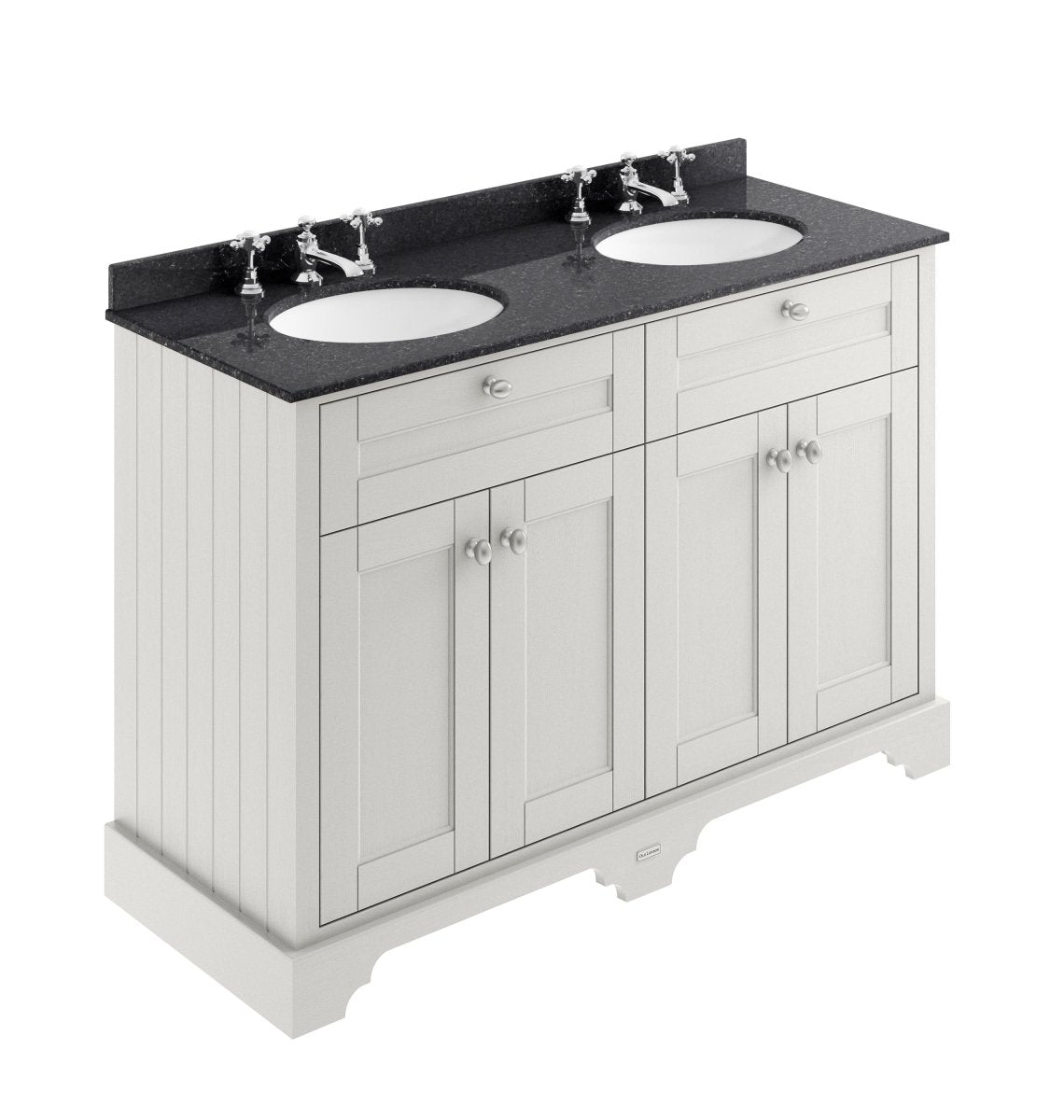 Old London Floor Standing Vanity Unit with Black Marble Double Basin, 4 Door, 3 Tap Hole, Sink Vanity Unit for Traditional Bathroom Spaces in Timeless Sand Finish, 1200mm
