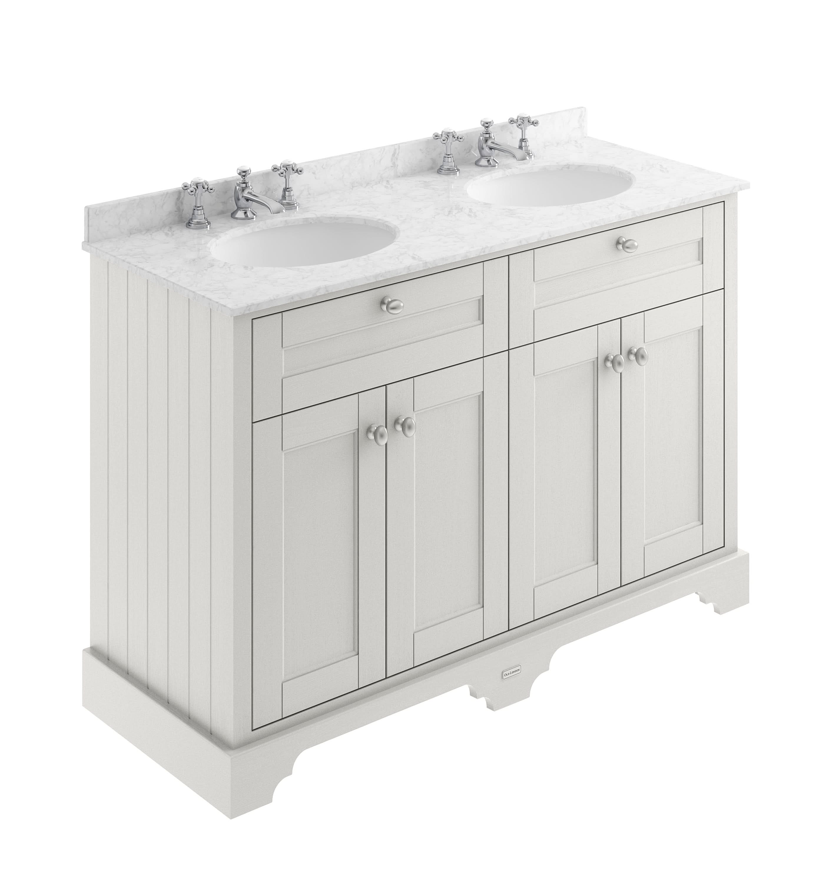 Old London Floor Standing Vanity Unit with 4 Doors & Grey Marble Double Basin, 3 Tap Hole, Traditional Sink Vanity Unit for Bathroom in Timeless Sand, 1200mm