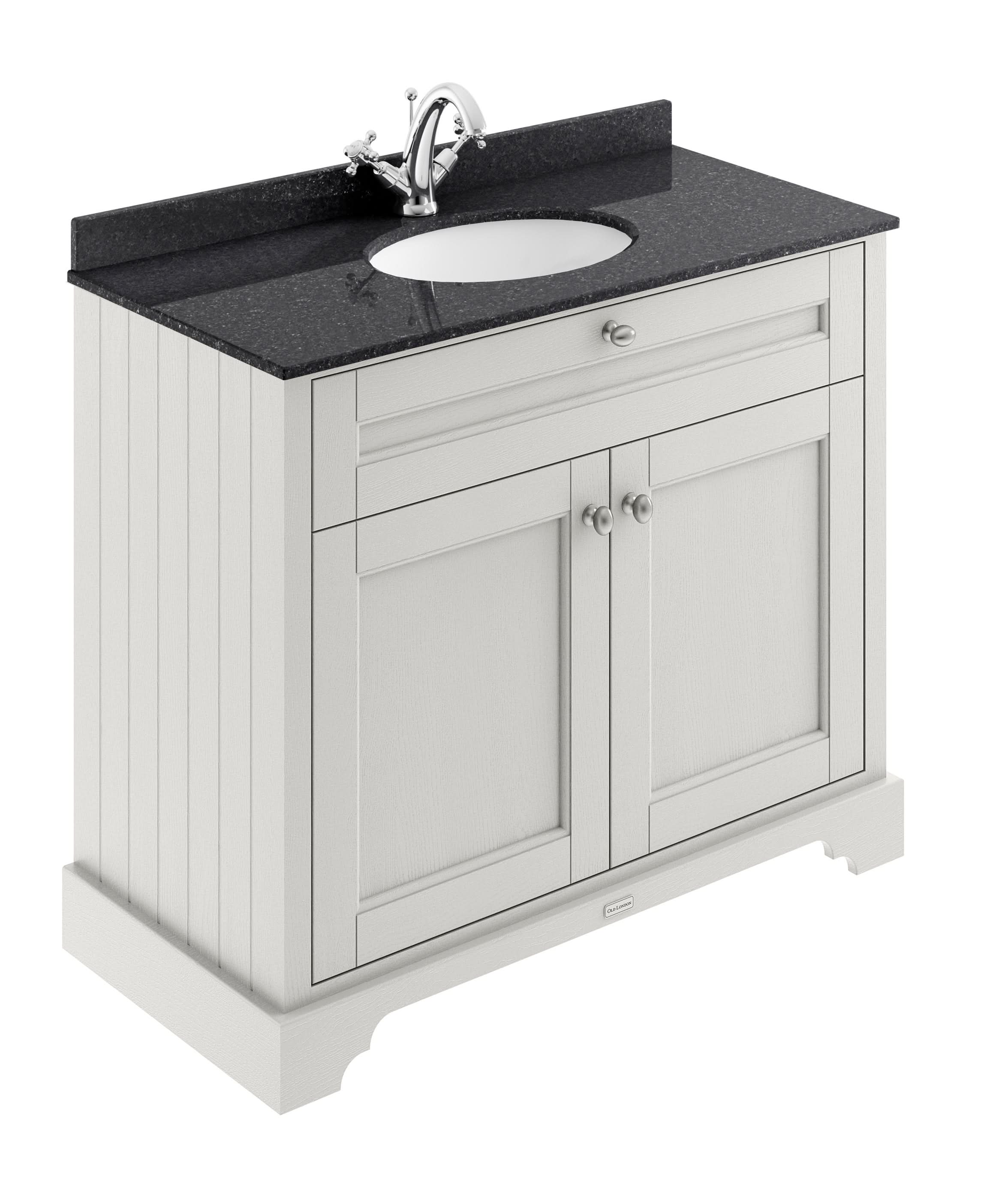 Old London Floor Standing Vanity Unit with Basin, 2 Door Cabinet & 1 Tap Hole Black Marble Top, Traditional Bathroom Vanity Unit with Storage in Timeless Sand, 1000mm