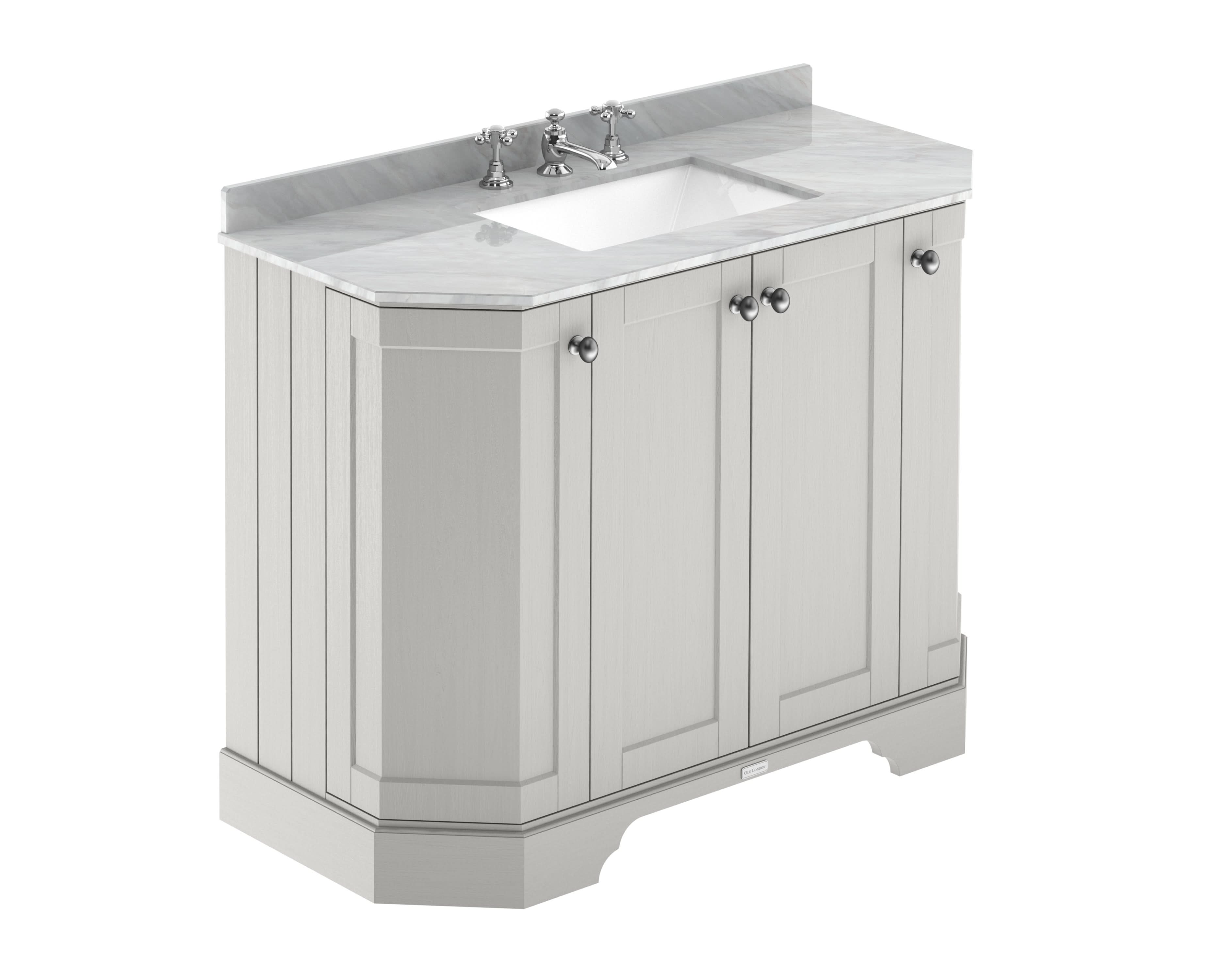 Old London Floor Standing 4 Door Angled Vanity Unit with Grey Marble 3 Tap Hole Basin, Sink Vanity Unit for Traditional Bathroom Interiors in Timeless Sand, 1000mm