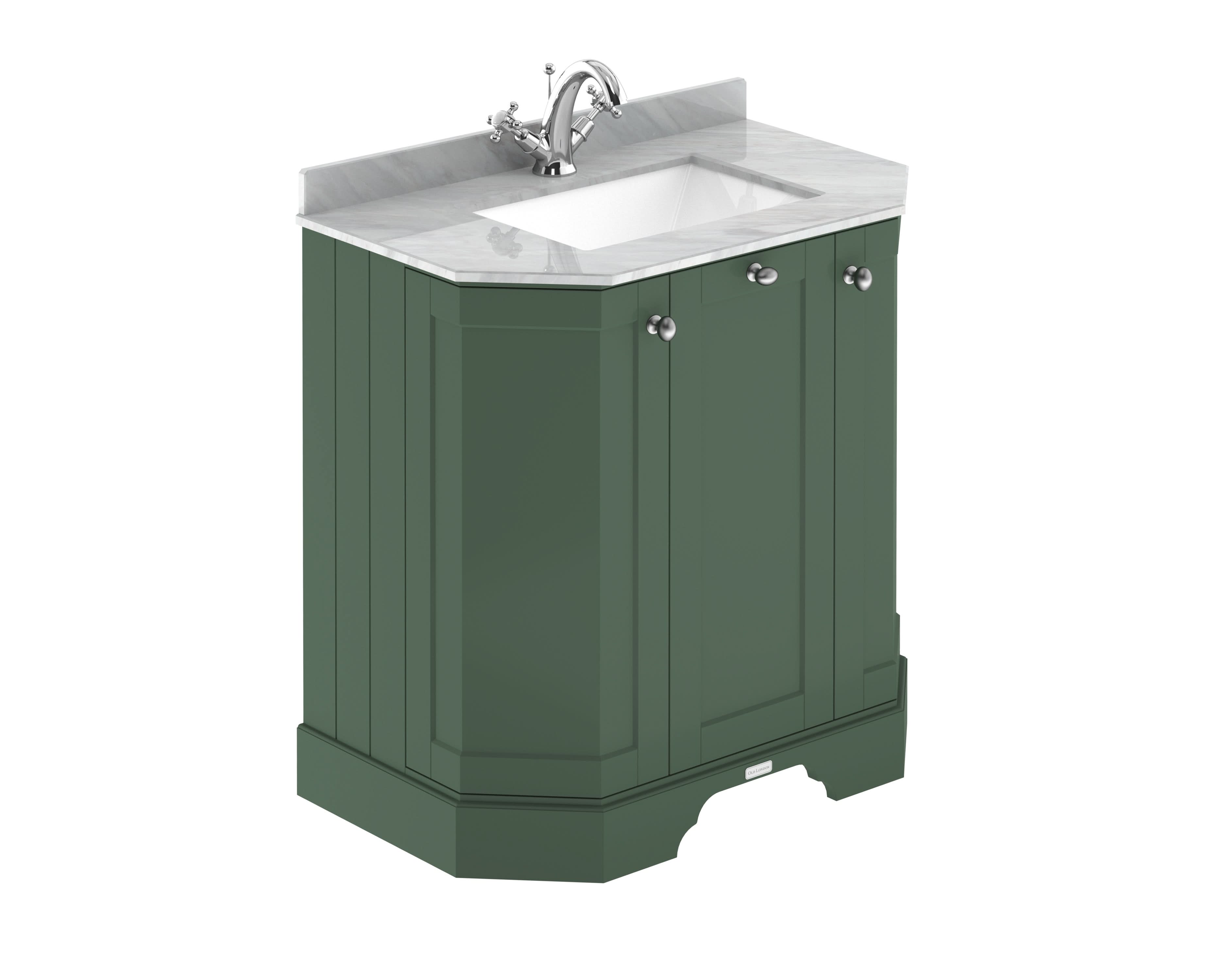 Old London Floor Standing Vanity Unit with Grey Marble Basin 1 Tap Hole, Angled 3-Door Sink Cabinet, Durable Traditional Style Soft Close in Hunter Green, 750mm