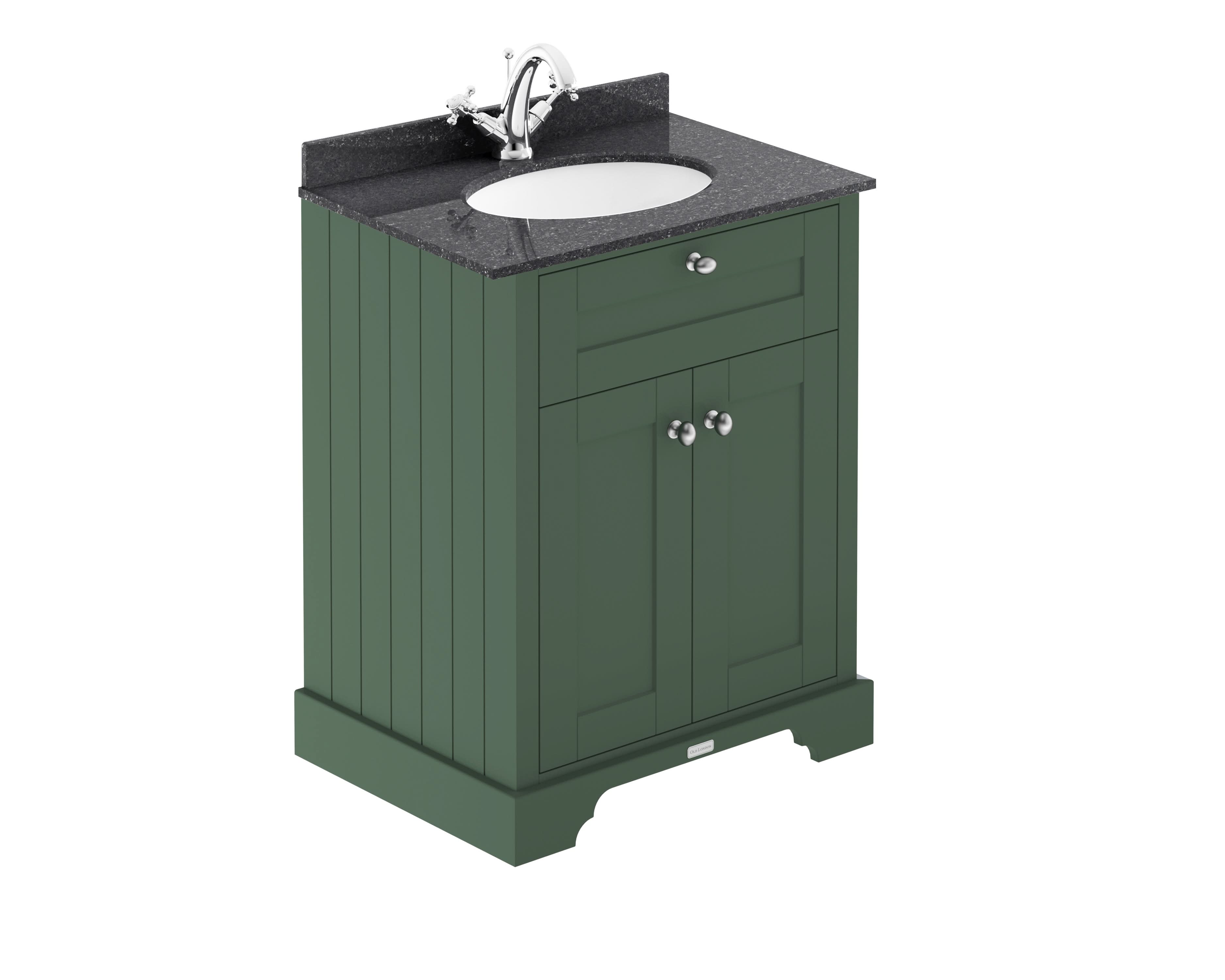 Old London Floor Standing Vanity Unit with Black Marble Basin 1 Tap Hole, Durable 2-Door Sink Cabinet with Traditional Style Soft Close in Hunter Green, 600mm