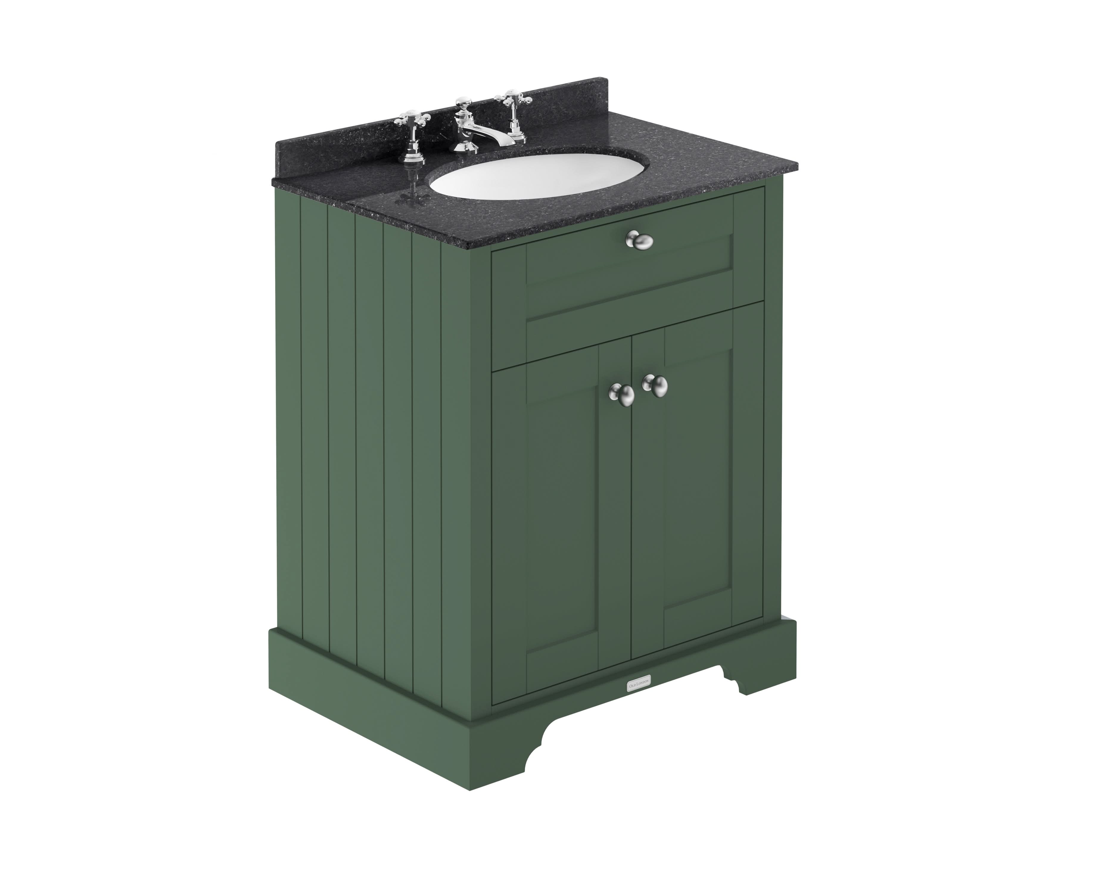 Old London Floor Standing Vanity Unit with Black Marble Basin 3 Tap Holes, Durable 2-Door Soft Close Cabinet with Traditional Bathroom Style in Hunter, Green 600mm