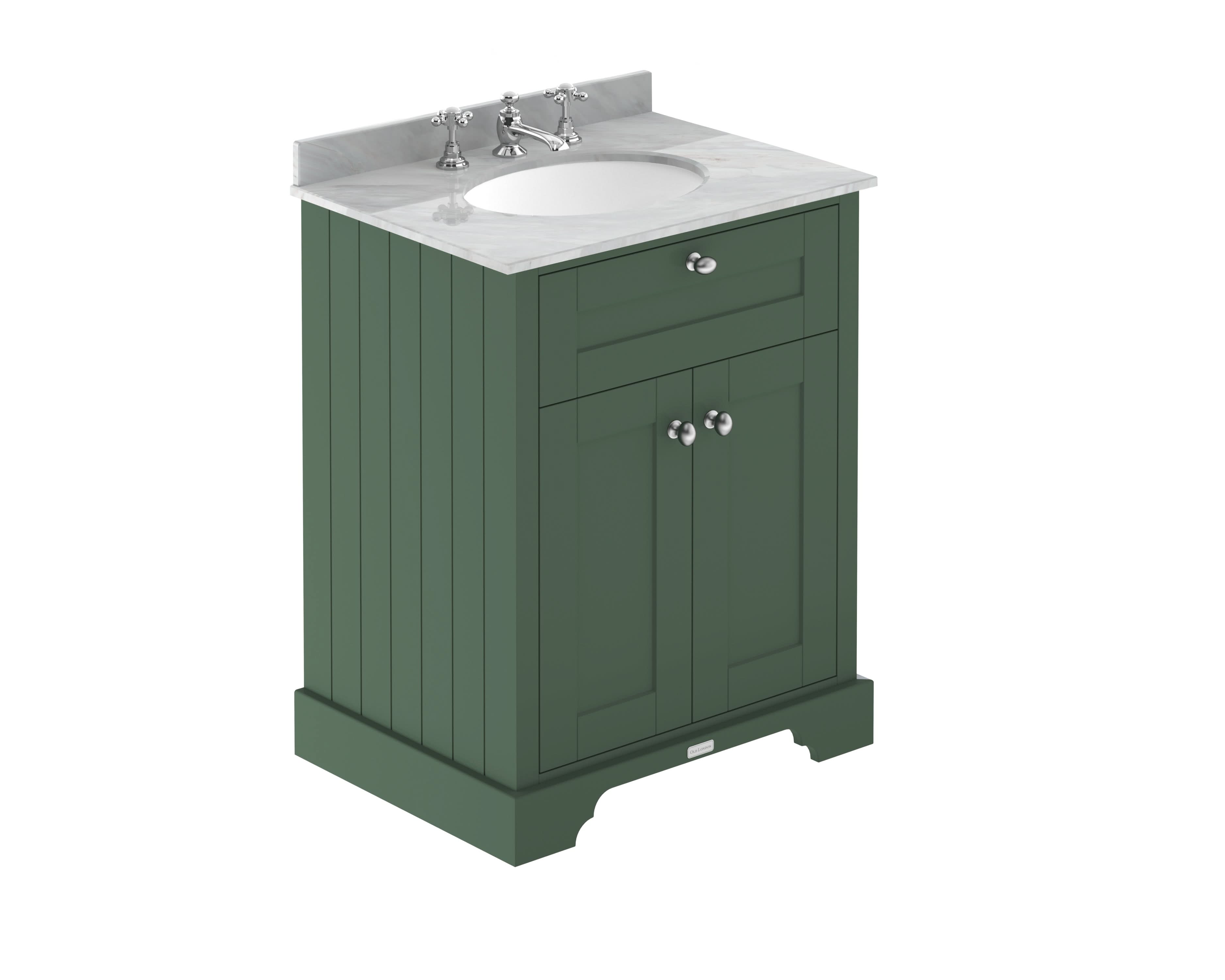Old London Floor Standing Vanity Unit with Grey Marble Basin Top, Traditional Bathroom Vanity Unit with Basin and Soft Close Doors, Classic Style in Hunter Green, 600mm