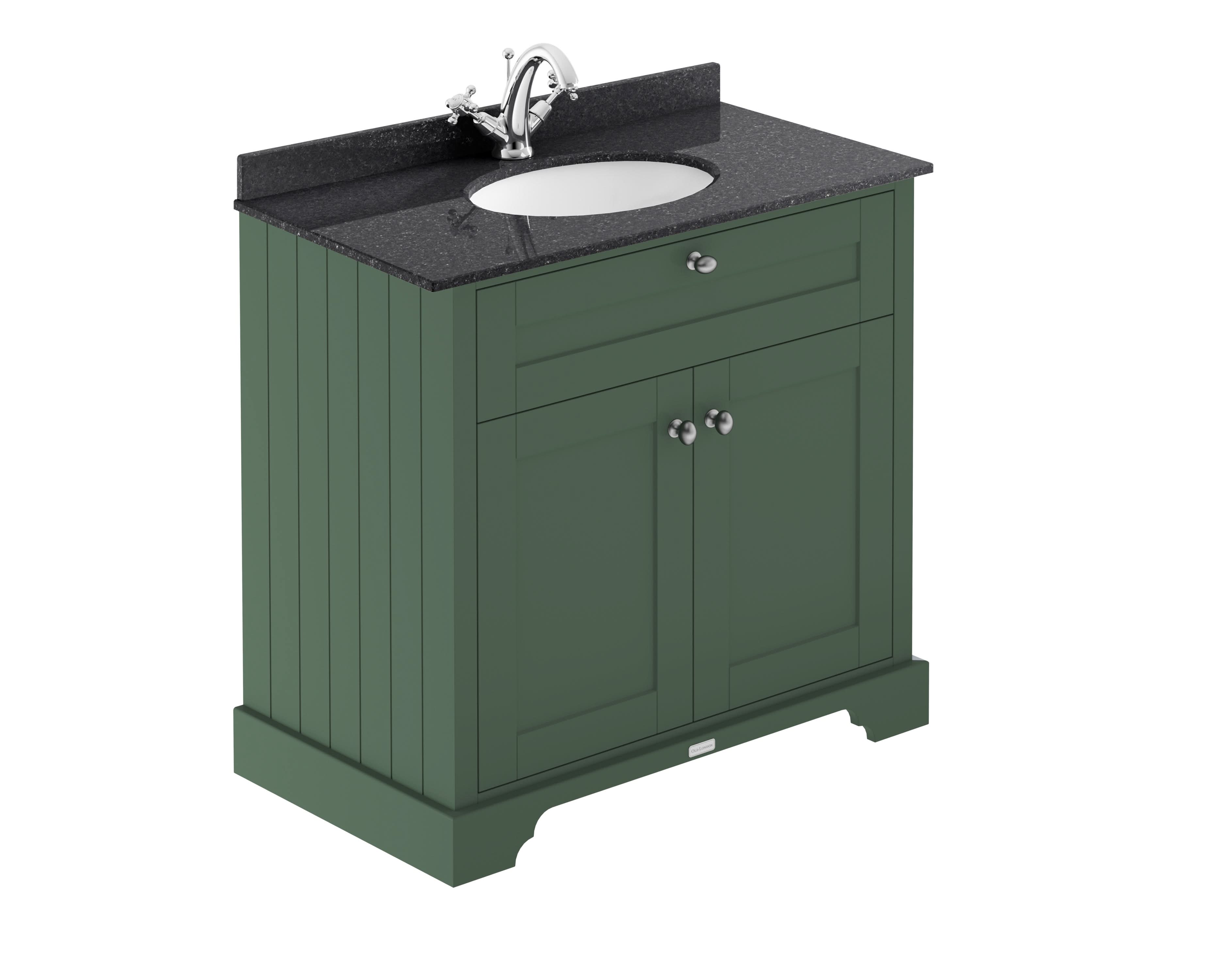 Old London Floor Standing Vanity Unit with 2 Doors & Black Marble Basin Top 1 Tap Hole, Durable Traditional Bathroom Vanity Unit with Basin in Hunter Green, 800mm