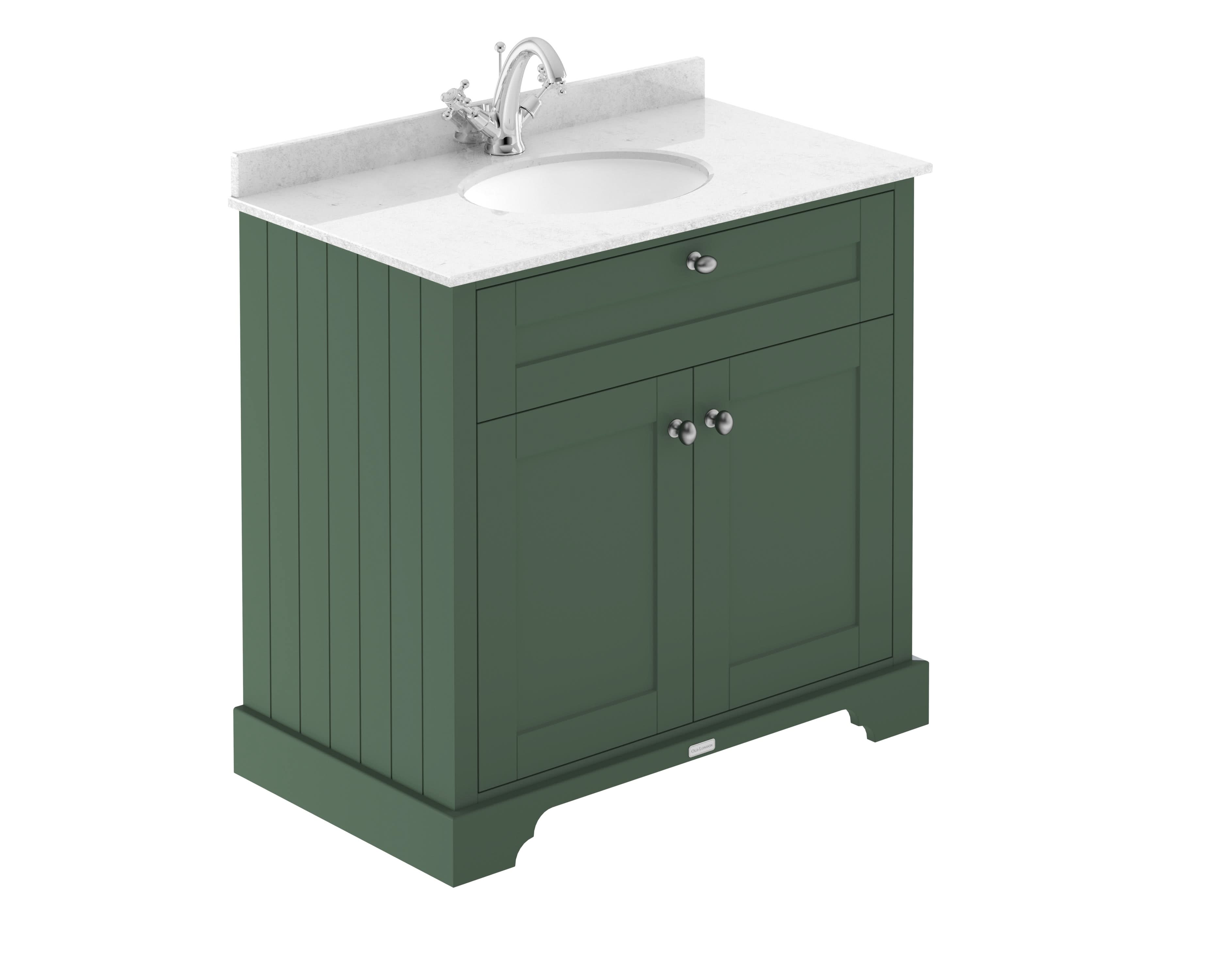 Old London Floor Standing Vanity Unit with Basin, Cabinet with 1 Tap Hole, White Marble Top with 2 Soft Close Doors Vanity Unit for Bathroom in Hunter Green, 800mm