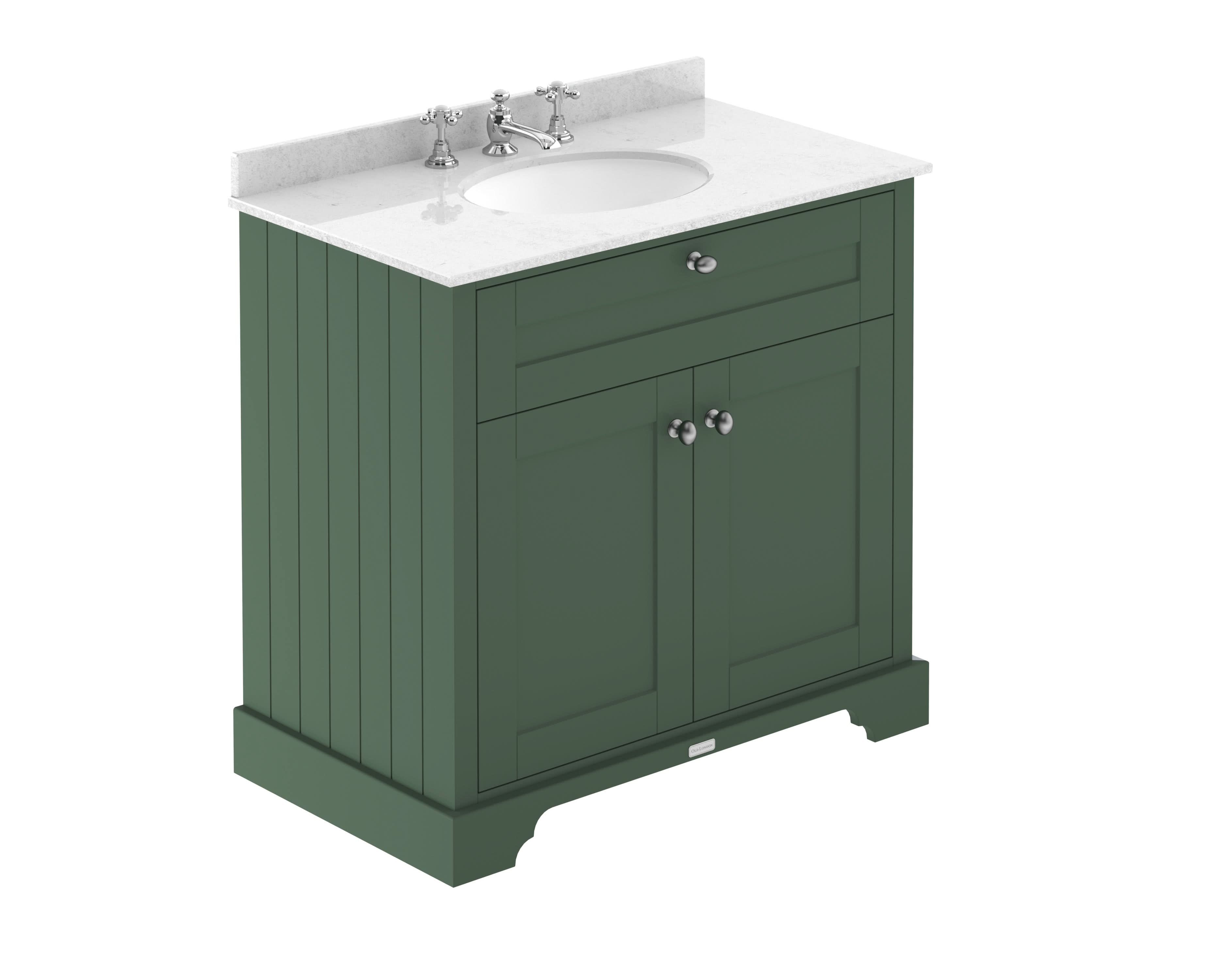 Old London Floor Standing Vanity Unit with Basin, 3 Tap Hole White Marble Top, Traditional Bathroom Sink Vanity Unit with Doors & Shelf Storage in Hunter Green, 800mm