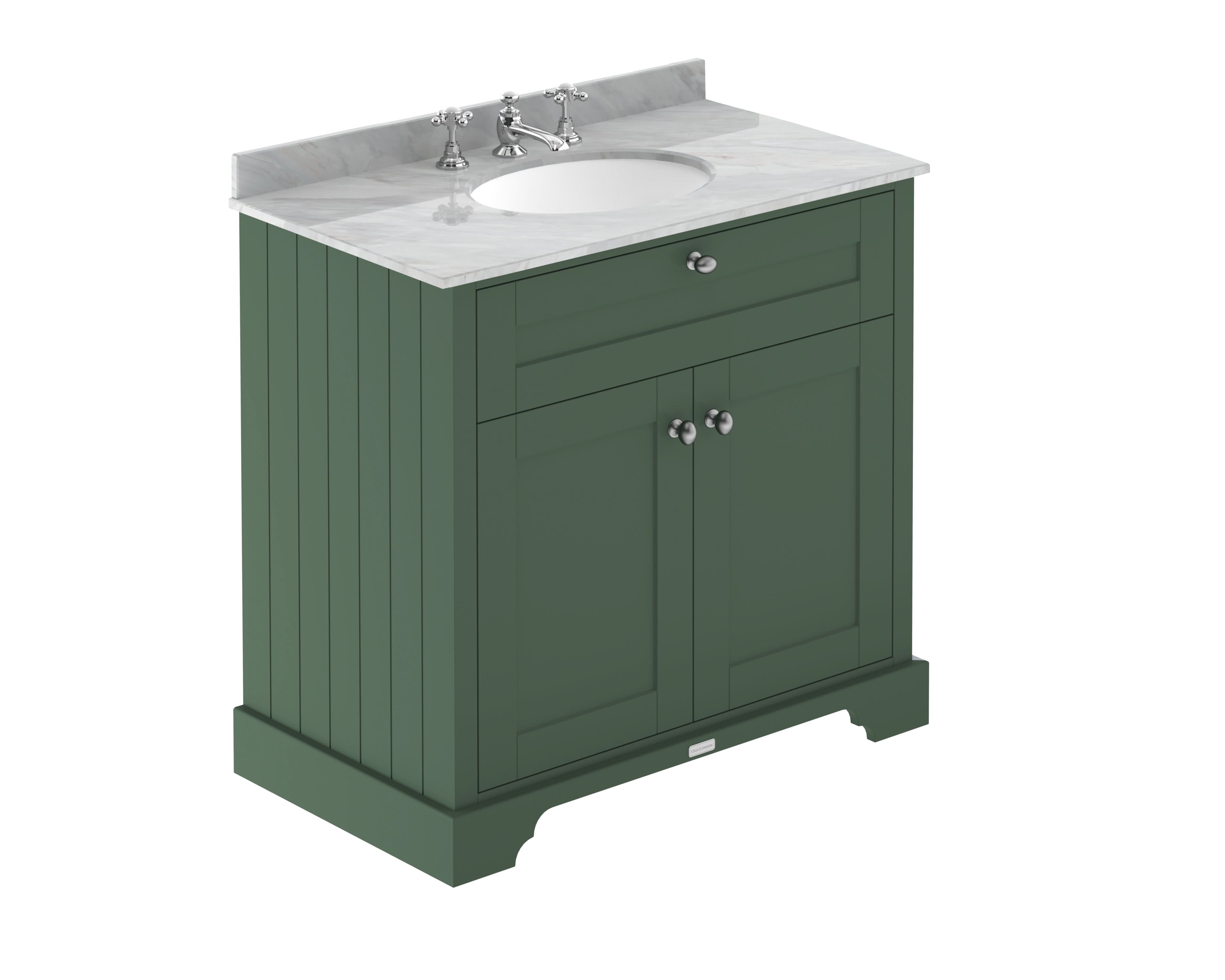 Old London Floor Standing Vanity Unit with Basin, 3 Tap Hole Grey Marble Top, Durable Traditional Bathroom Vanity Unit with Soft Close Doors in Hunter Green, 800mm