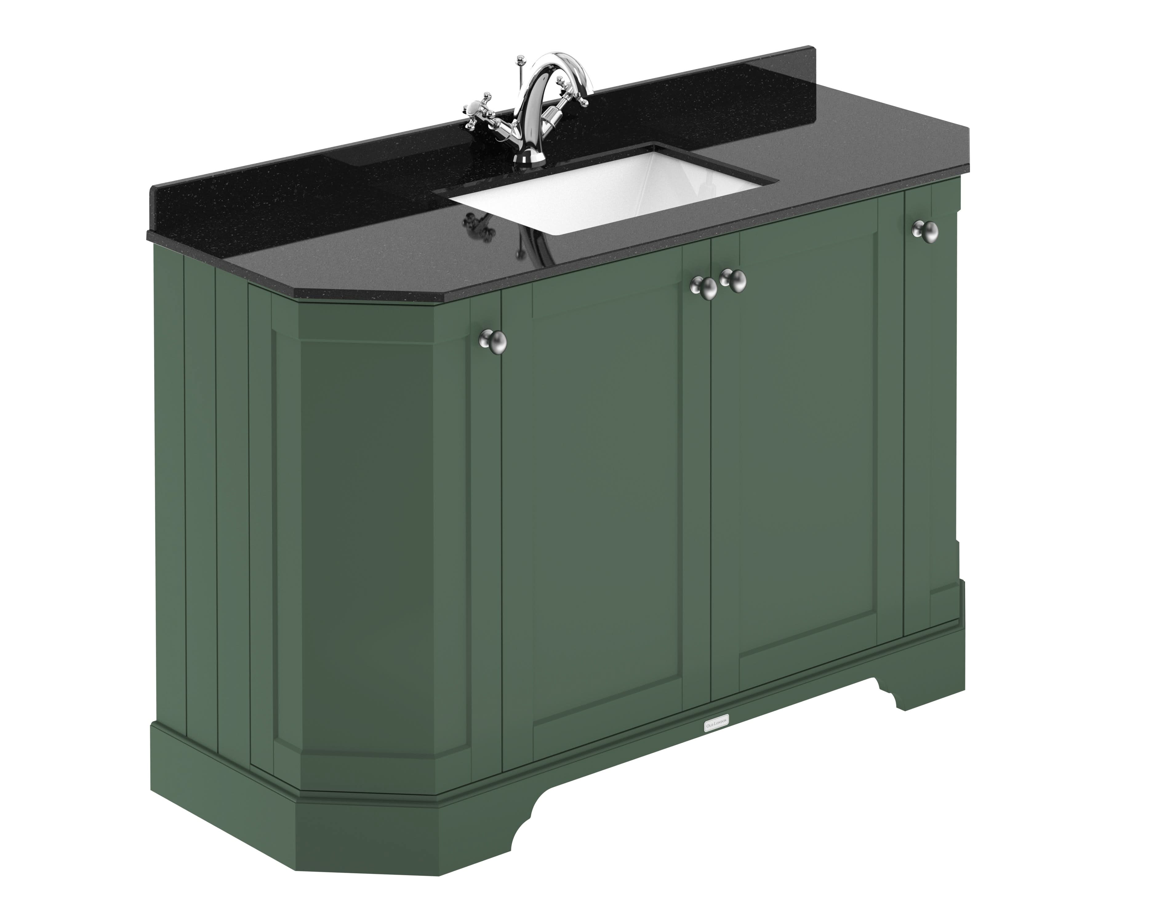 Old London Floor Standing Vanity Unit with Basin 1 Tap Hole and Black Marble Top, Durable 4 Door Angled Traditional Bathroom Sink Vanity Unit in Hunter Green, 1200mm