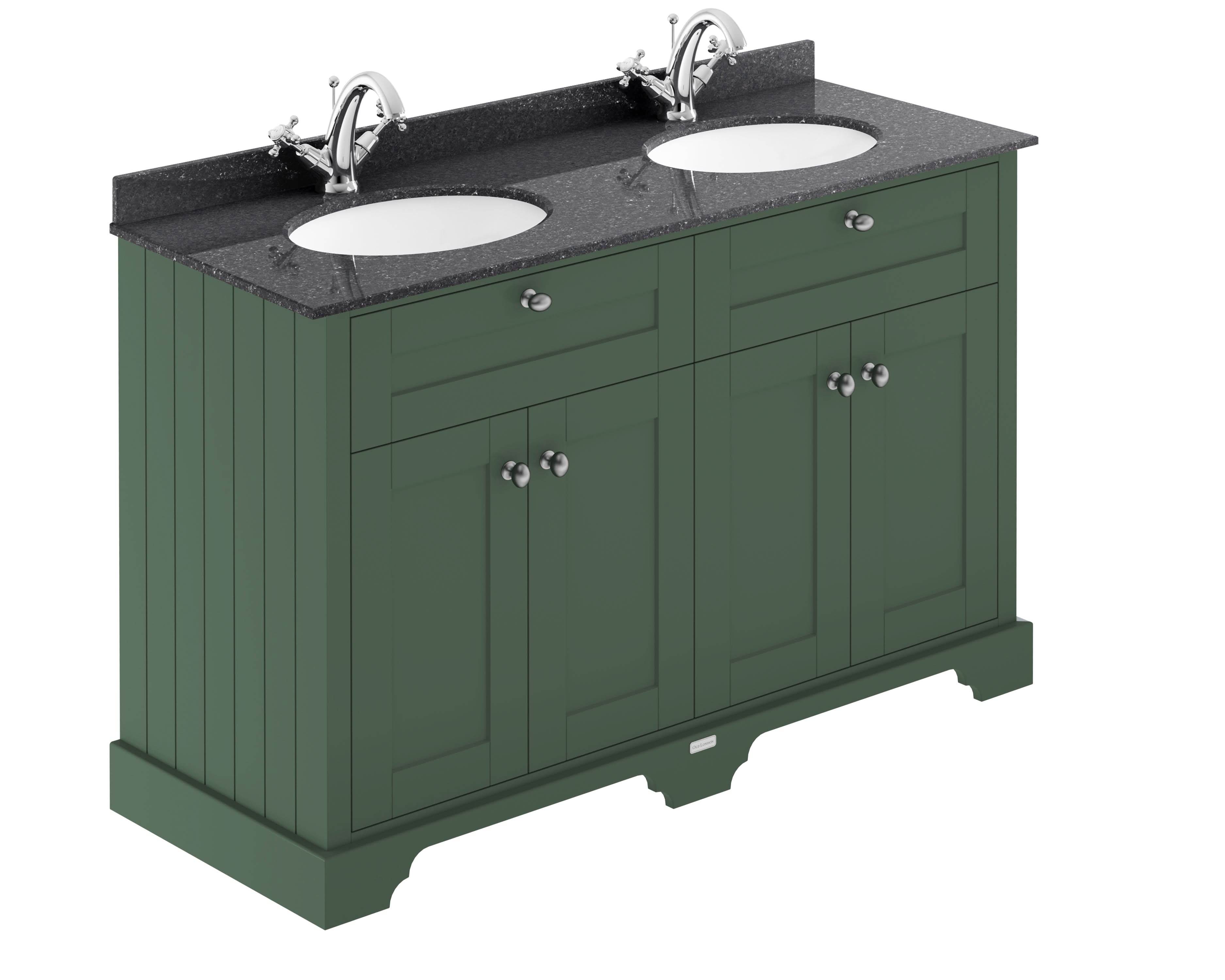 Old London Floor Standing Vanity Unit with Double Basin & Black Marble Top, Durable 4 Soft Close Doors Sink Vanity Unit for Traditional Bathrooms in Hunter Green, 1200mm